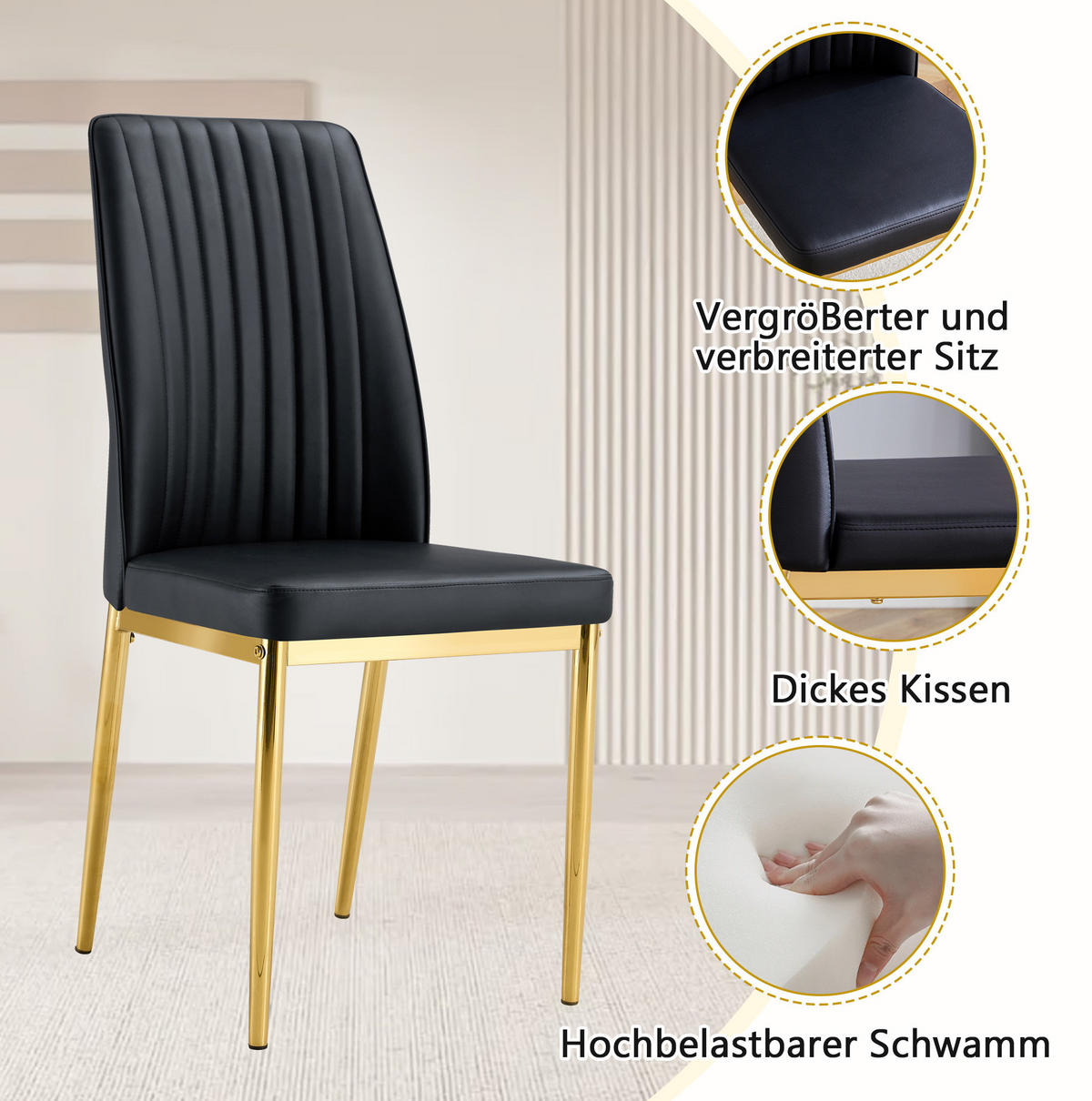 ESSTISCH-SET 4er-Set 160 cm Schwarz/Gold - Schwarz, Metall (90/76/160cm) - Meubliv