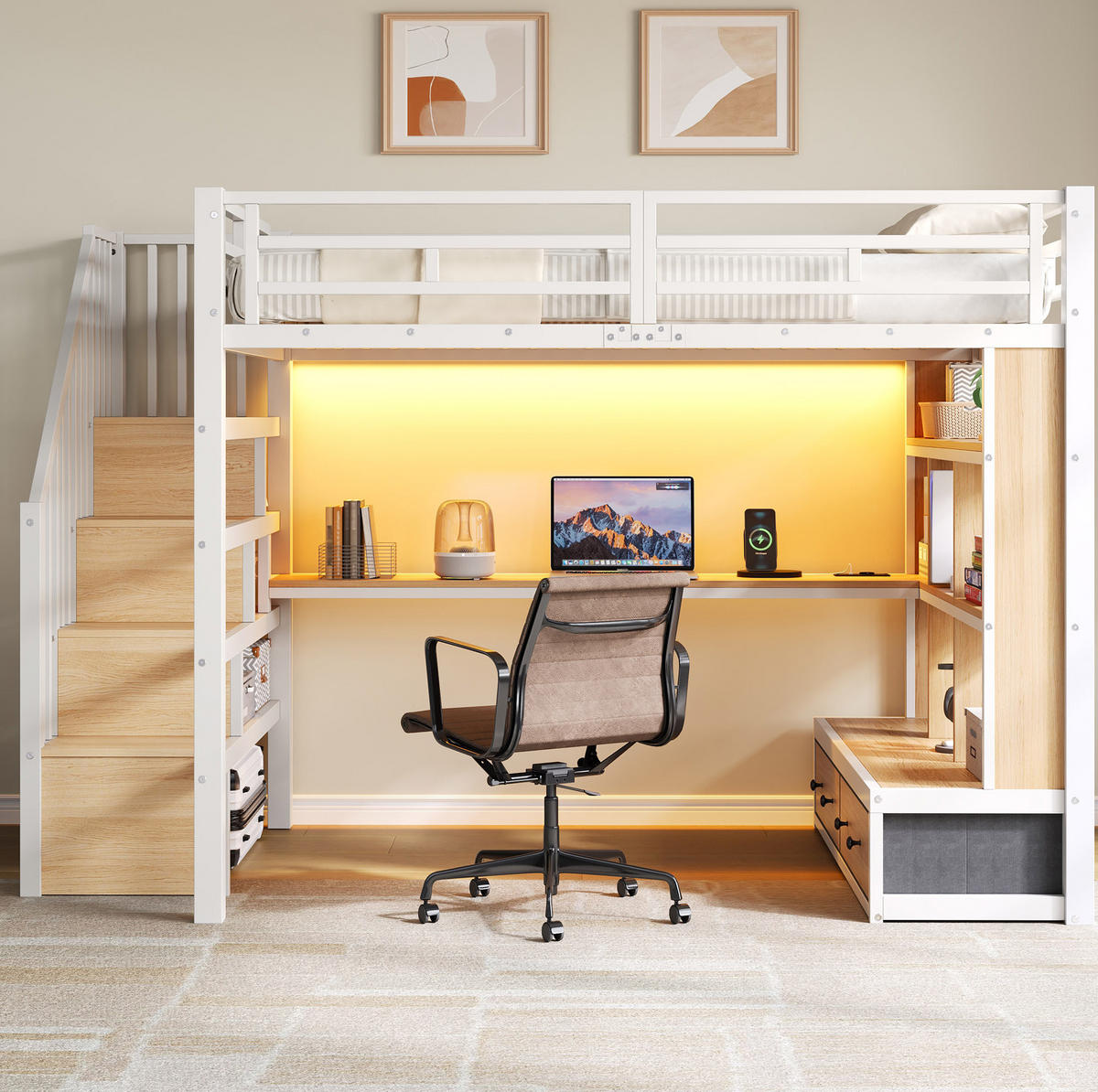 HOCHBETT 140/200 cm Weiß mit Schreibtisch, Regalen und LED - Weiß, Metall (140/200cm) - MIVRAY