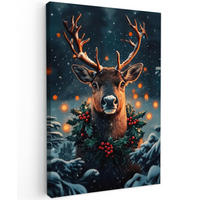 LEINWANDBILD Hirsch - Weihnachten - Winter - Schnee - Weihnachtskranz 90x140 cm - Dunkelbraun, Textil (90/140cm) - MuchoWow