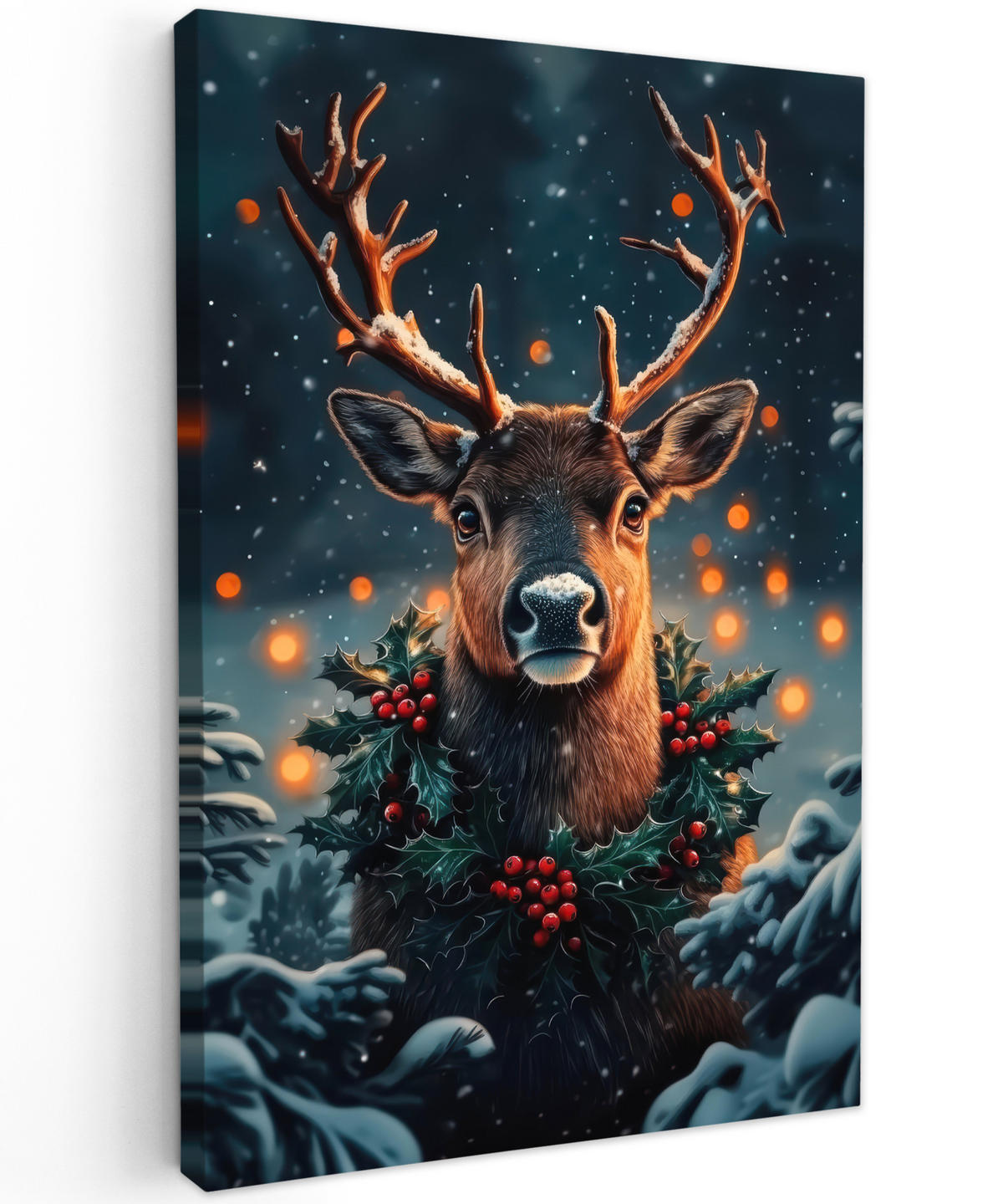 LEINWANDBILD Hirsch - Weihnachten - Winter - Schnee - Weihnachtskranz 90x140 cm - Dunkelbraun, Textil (90/140cm) - MuchoWow