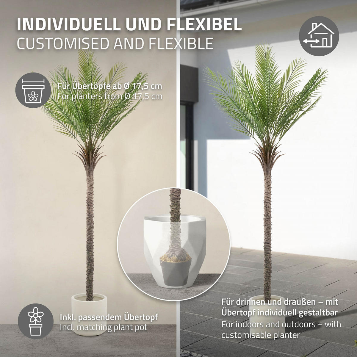 KUNSTPFLANZE Palme - Anthrazit/Grün, Holz/Kunststoff (210cm) - ML-DESIGN