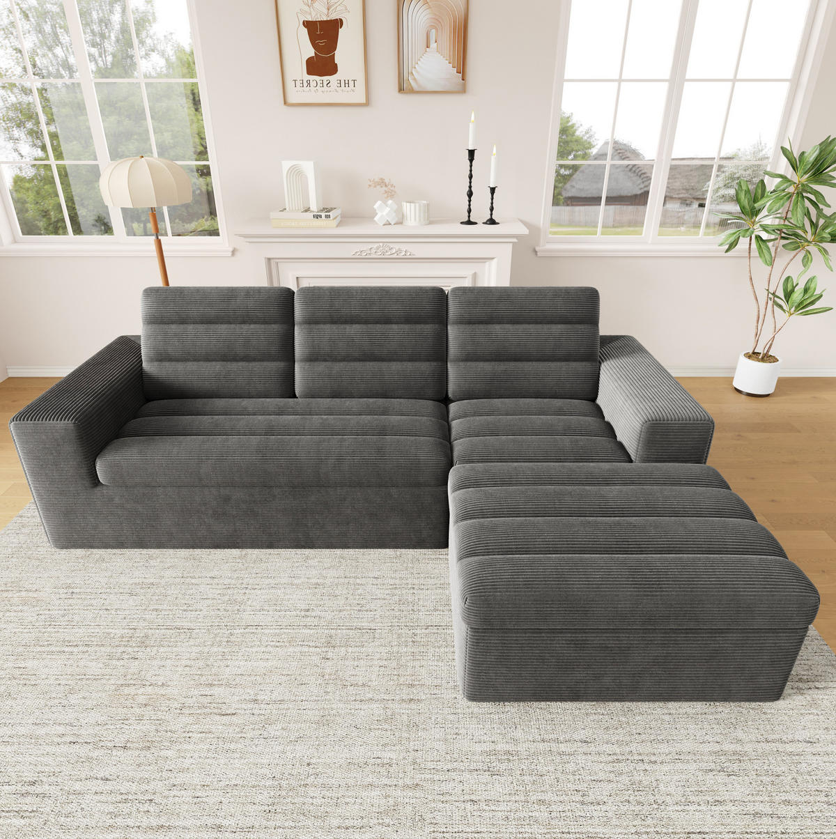ECKSOFA 253/161/89 cm dunkelgrau aus Cordstoff mit Hocker - Dunkelgrau, Textil (161/253cm) - OKWISH