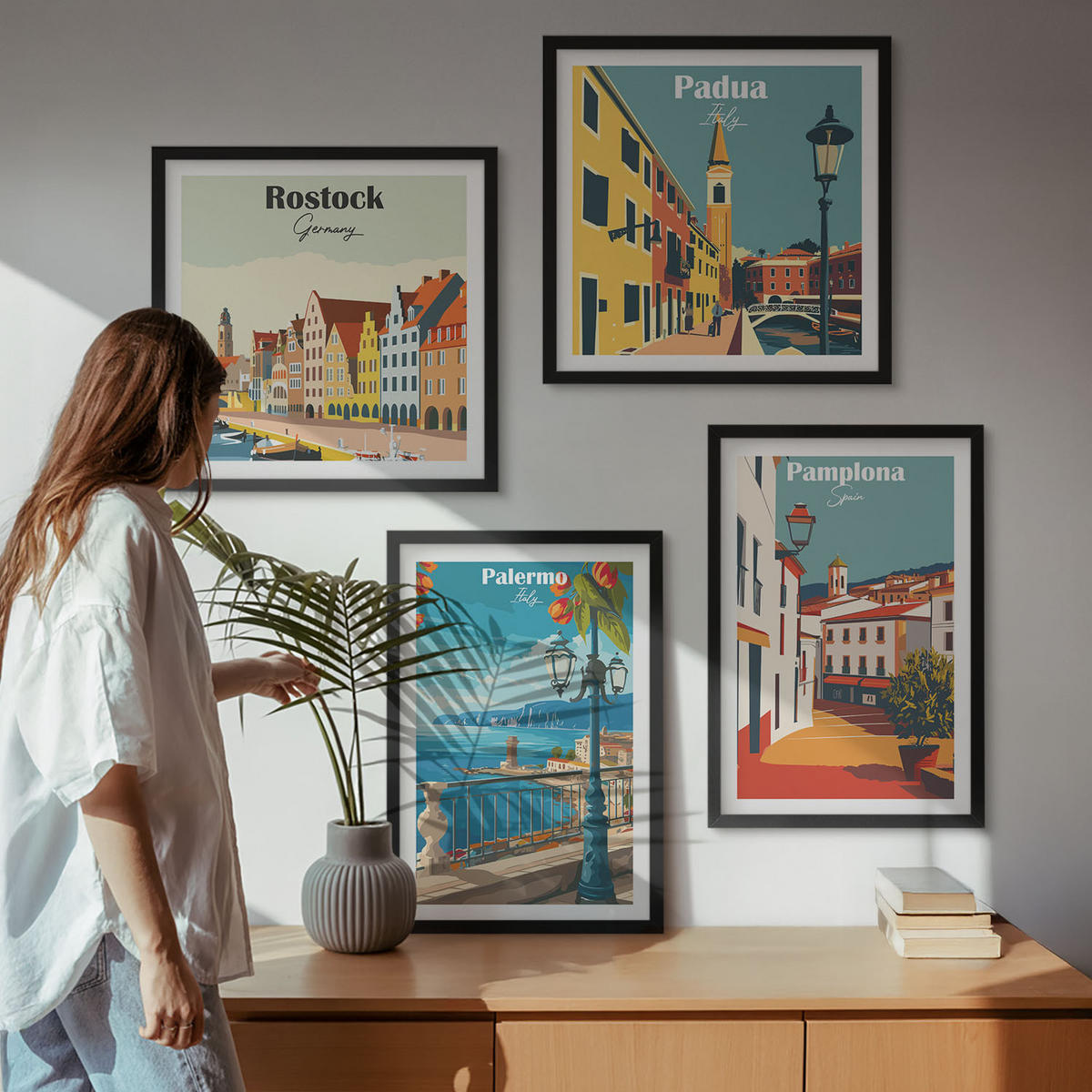 BILDER SET 4er Set - 50x50 cm & 40x60 cm Schwarzer Rahmen - Retro-Stadtillustrationen - Schwarz, Kunststoff (50/50cm) - TULUP