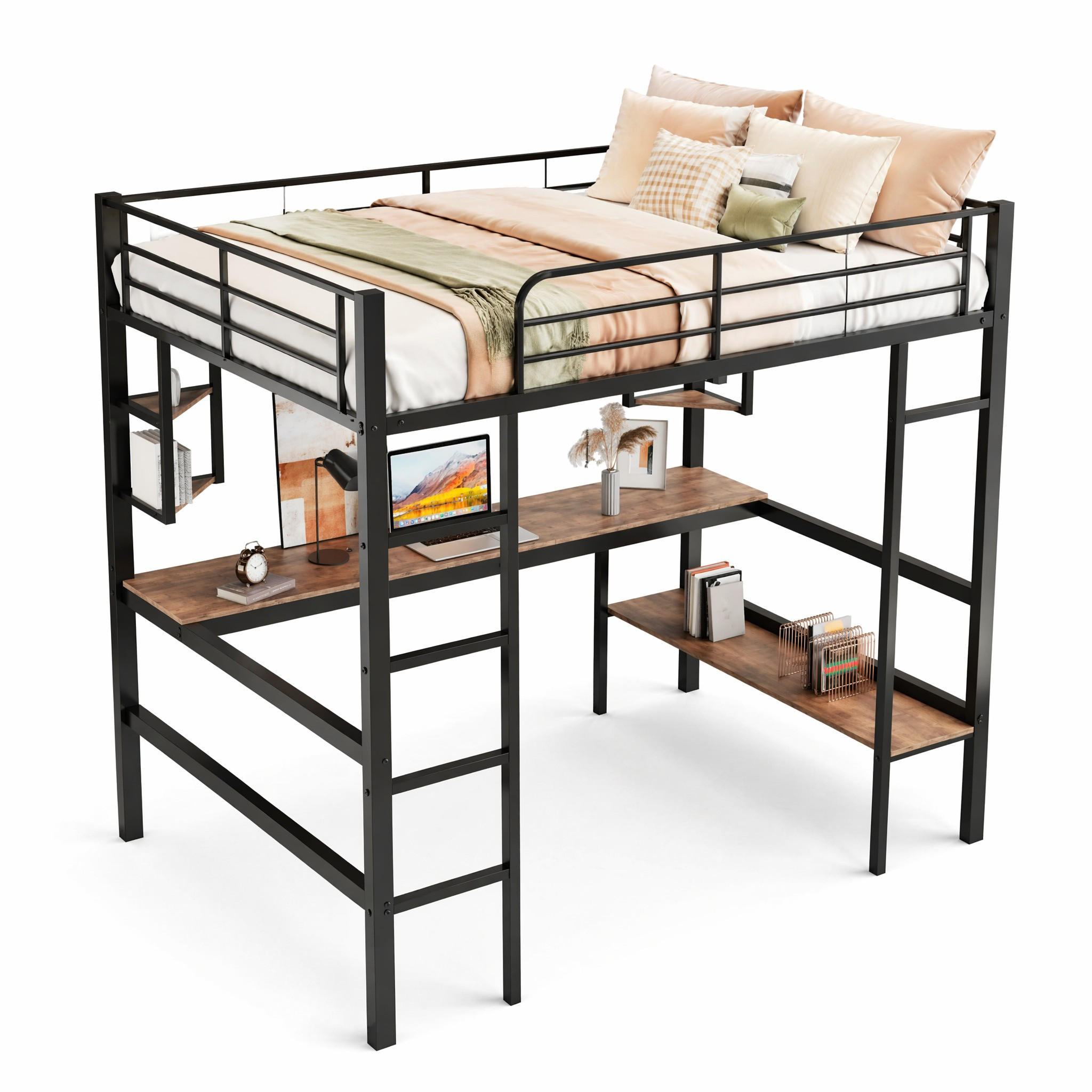 HOCHBETT 90/200 cm in Schwarz mit Schreibtisch und Regalen aus Metall im minimalistischen Design - Schwarz, Holz/Metall (90/200cm) - STILVORA