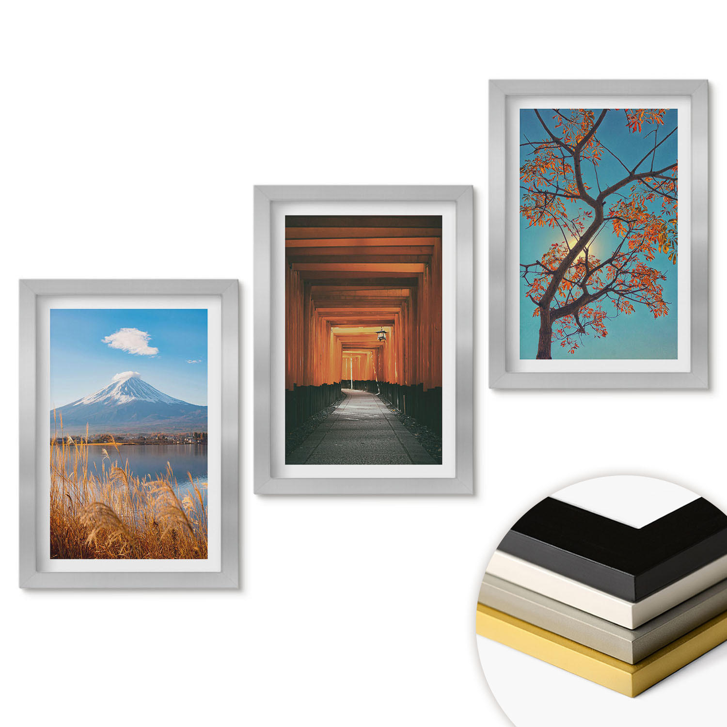 WANDBILDER 3er Set - 20x30 cm Silberner Rahmen - Japanische Naturlandschaften - Silberfarben, Kunststoff (20/30cm) - ArtPrintCave