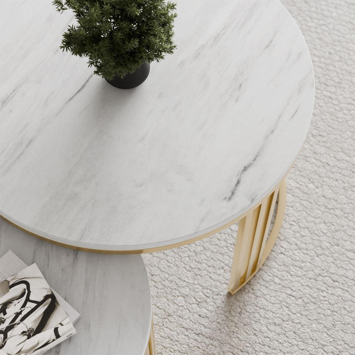 COUCHTISCH 2in1 LORI MAT gebürstetes Gold, Gebürstetes Gold / Marmor Levanto - Weiß, Metall (70/70/49cm) - Lookway