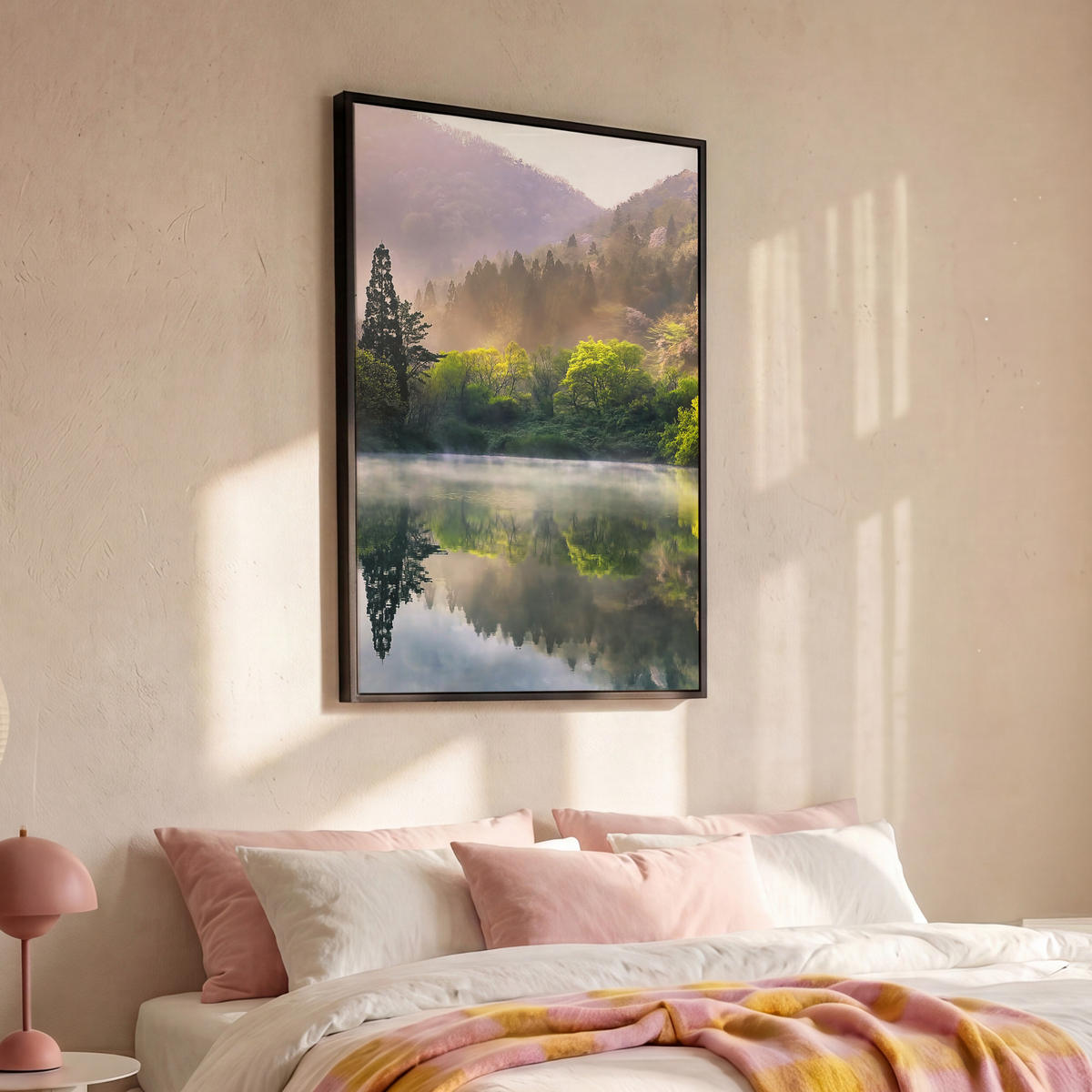 LEINWAND Bilder mit Rahmen - Natur - Bäume - Berge - See - Wasser - 100x150 - Hellgrün, Textil (100/150cm) - MuchoWow