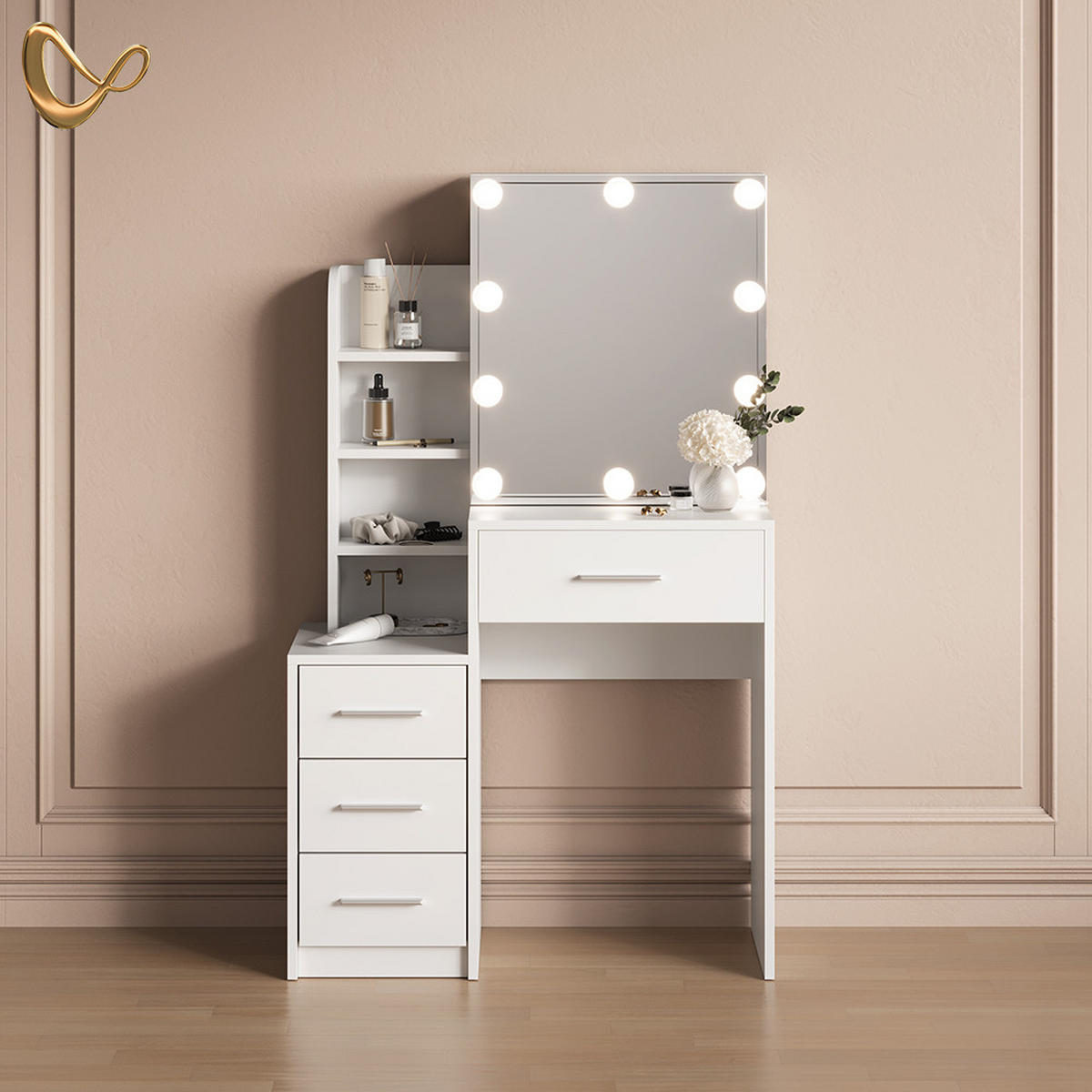 SCHMINKTISCH Loreta Weiß 80 cm mit LED Beleuchtung - Weiß, Holzwerkstoff (80/131.6/36cm) - Livinity®