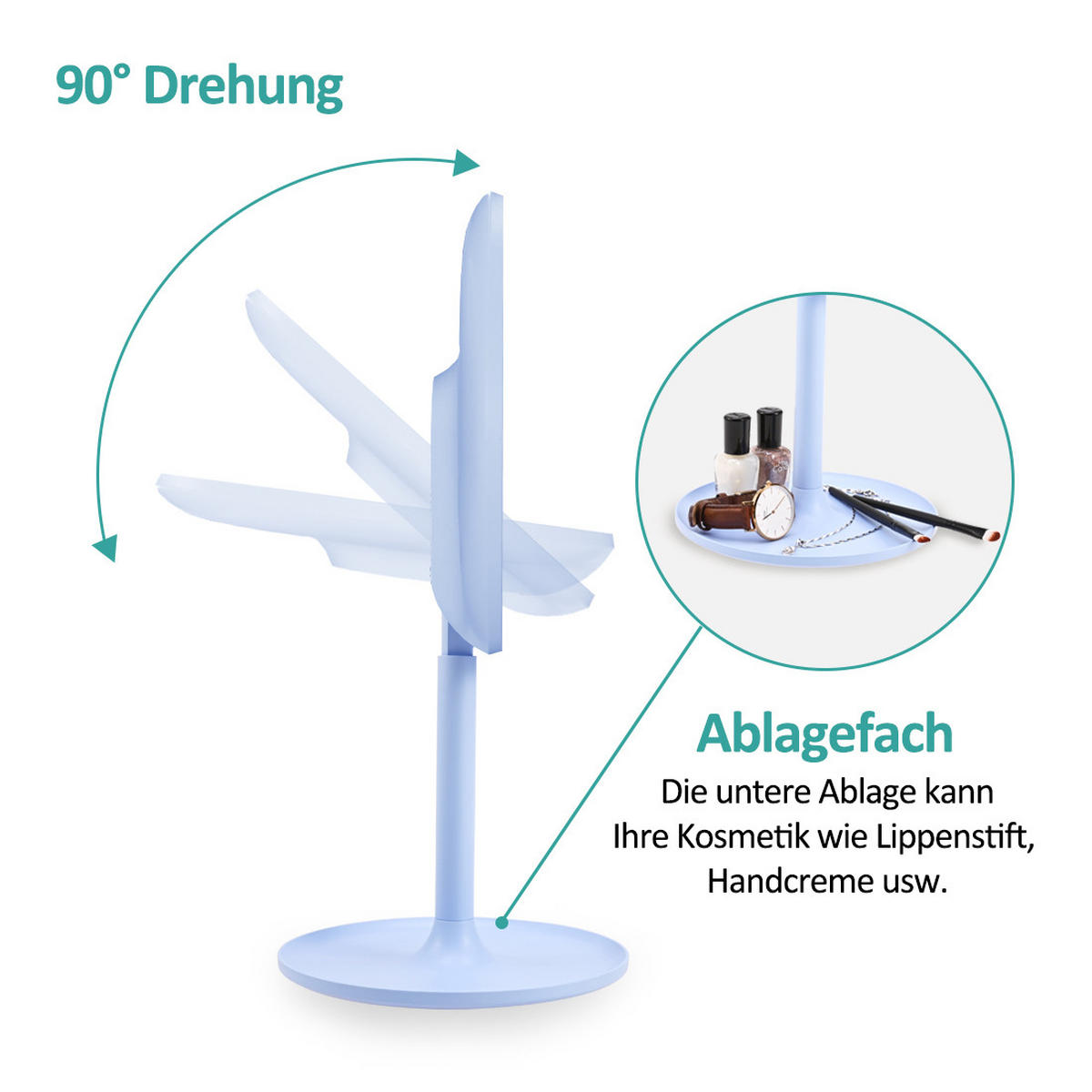 KOSMETIKSPIEGEL mit Licht mit Abnehmbare Saugnapfes, Hellblau, φ20 cm - Blau, Glas (20/35/20cm) - EMKE