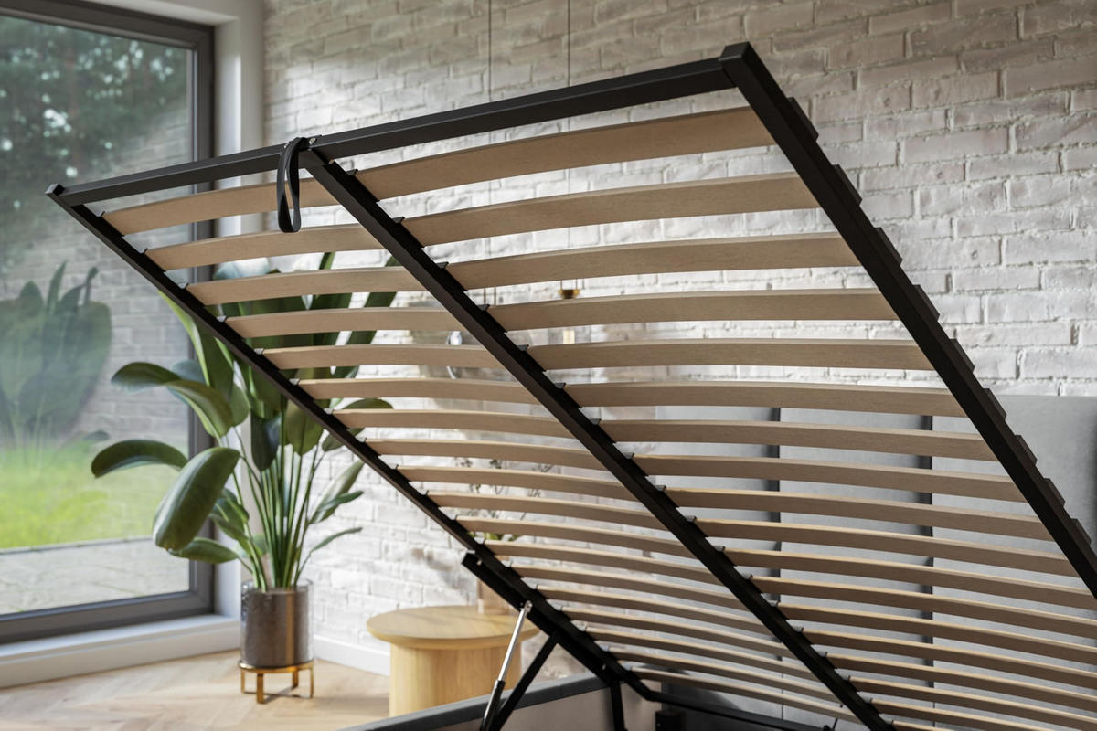 BETT 140x200 - Polsterbett mit Bettkasten und Metallrahmen - Modern Betten - Weicher Jasminstoff - Kollektion Roma, Schwarz - Schwarz, Holz/Textil (140/200cm) - Alpi-Möbel