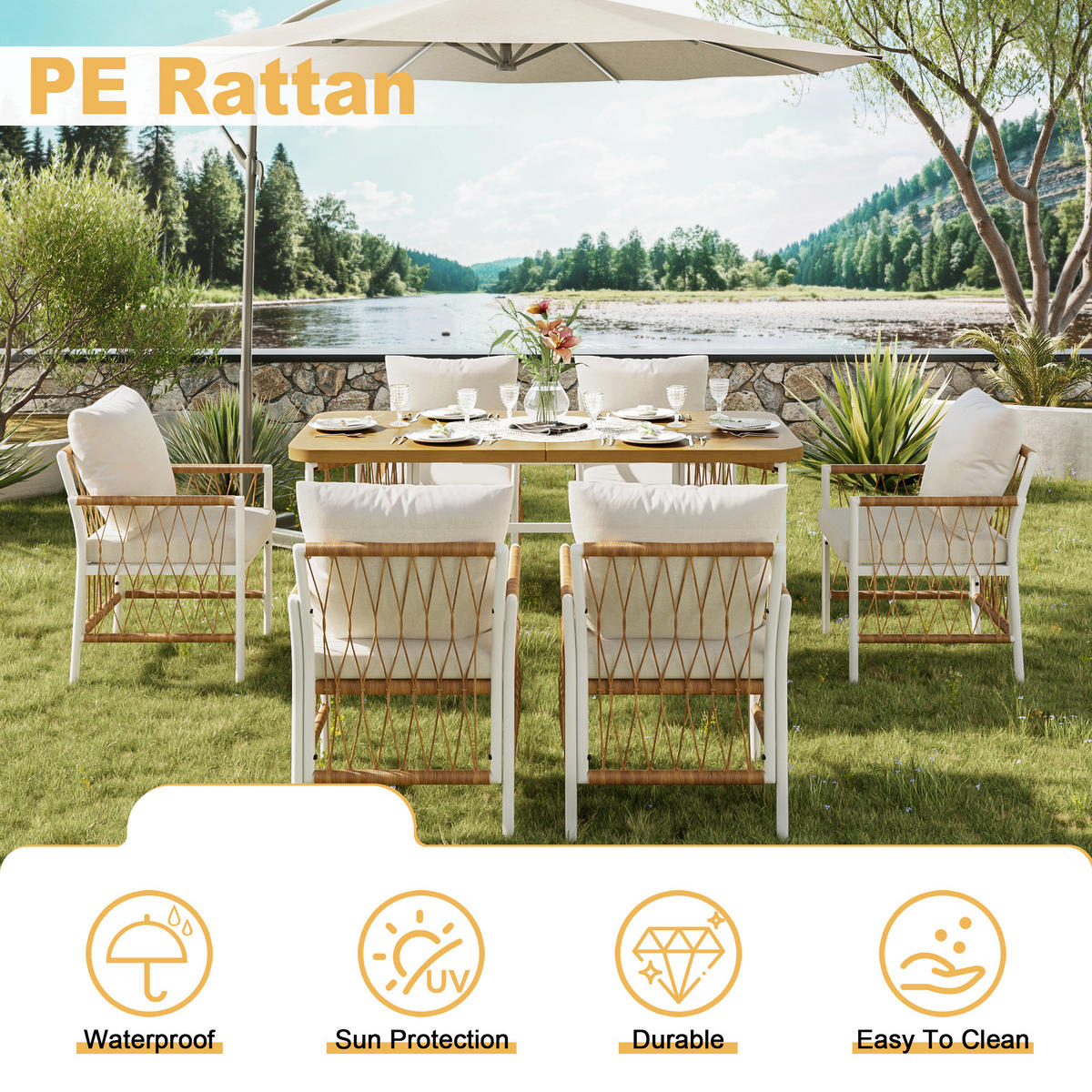 GARTENESSGRUPPE Beige/Braun/Natur 7-teilig für 6 Personen mit Eisengestell und Sitzkissen - Beige, Metall - PANGIVO