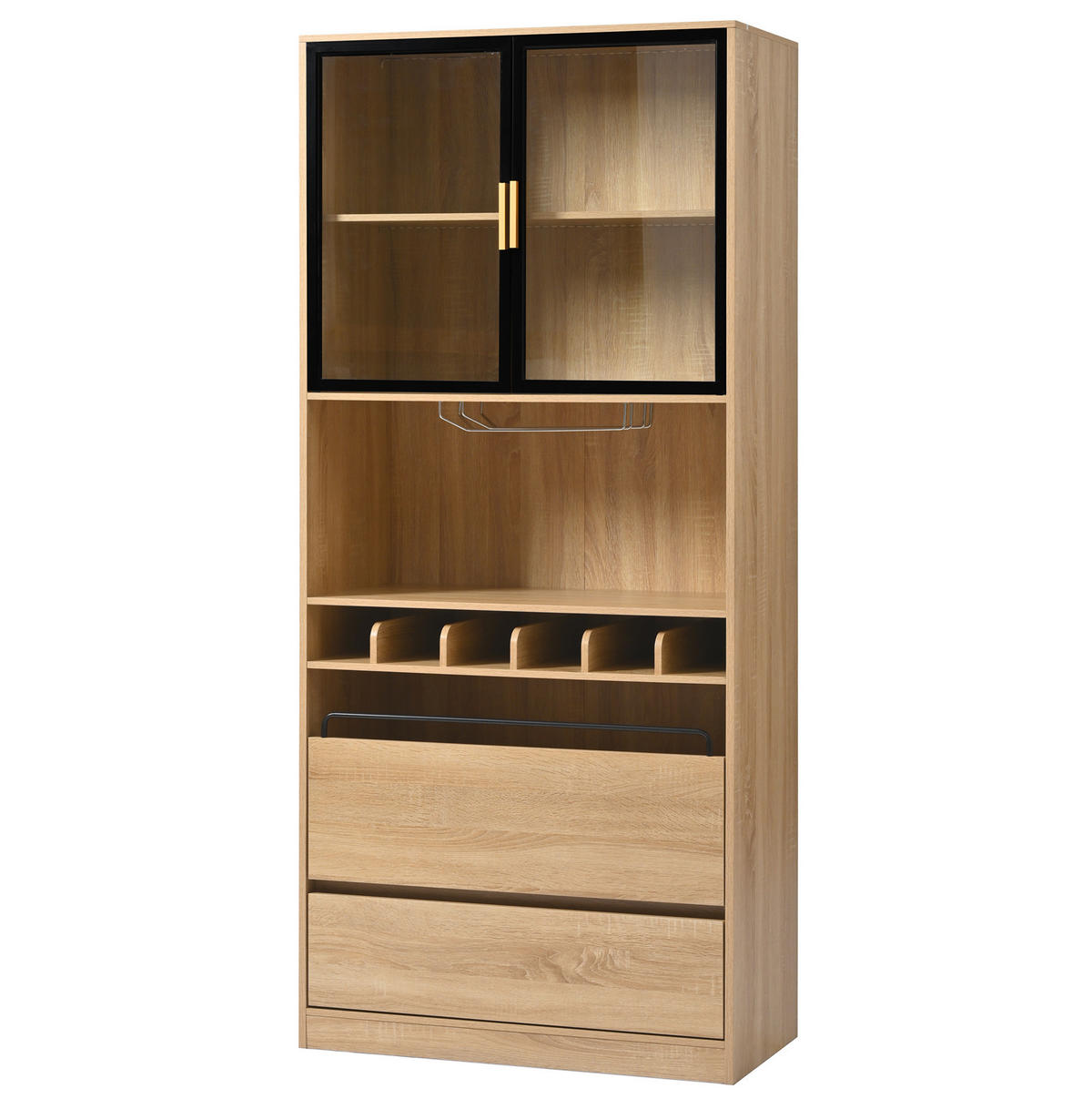 VITRINE 180 cm aus MDF mit Glastüren und LED-Beleuchtung Natur - Naturfarben, Holzwerkstoff (80/180/40cm) - Modenvie