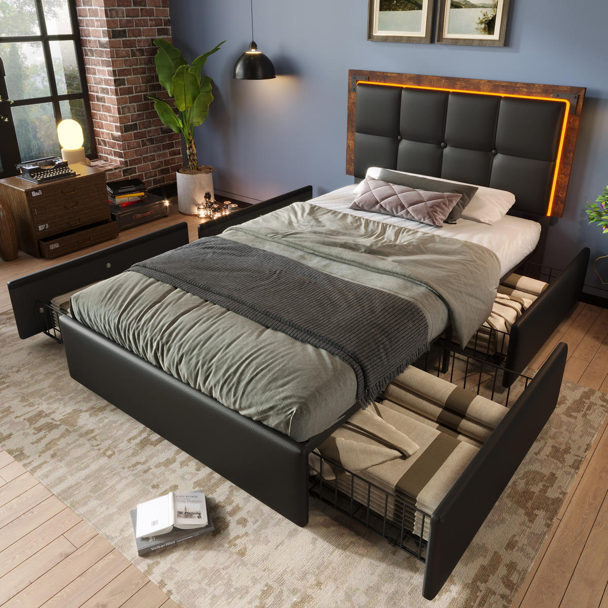 POLSTERBETT 90/200 cm Schwarz mit LED-Beleuchtung und höhenverstellbarem Kopfteil - Schwarz, Kunststoff (90/200cm) - OKWISH