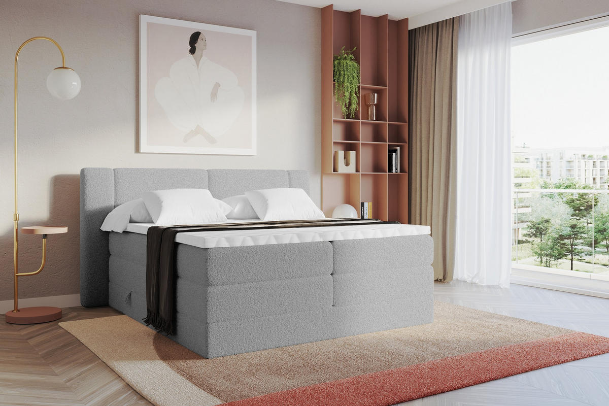 BOXSPRINGBETT mit Matratze H3/H4 - EVON KING - 140x200 cm Hellgrau - Hellgrau, Holzwerkstoff (140/200cm) - ALTDECOR