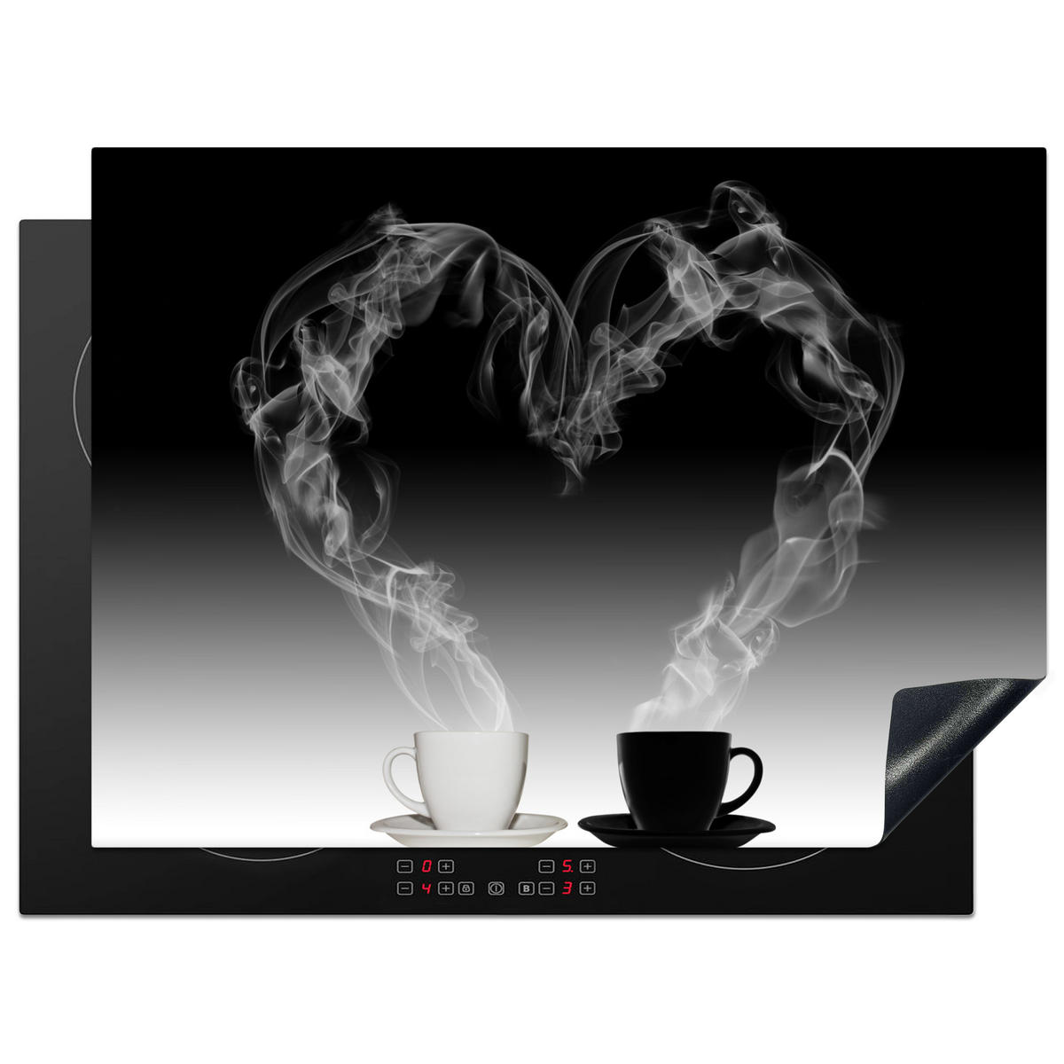 HERDABDECKPLATTE Kaffee - Herz - Schwarz und weiß - Tassen 71x52 cm - Weiß, Kunststoff (71/0.2/52cm) - MuchoWow