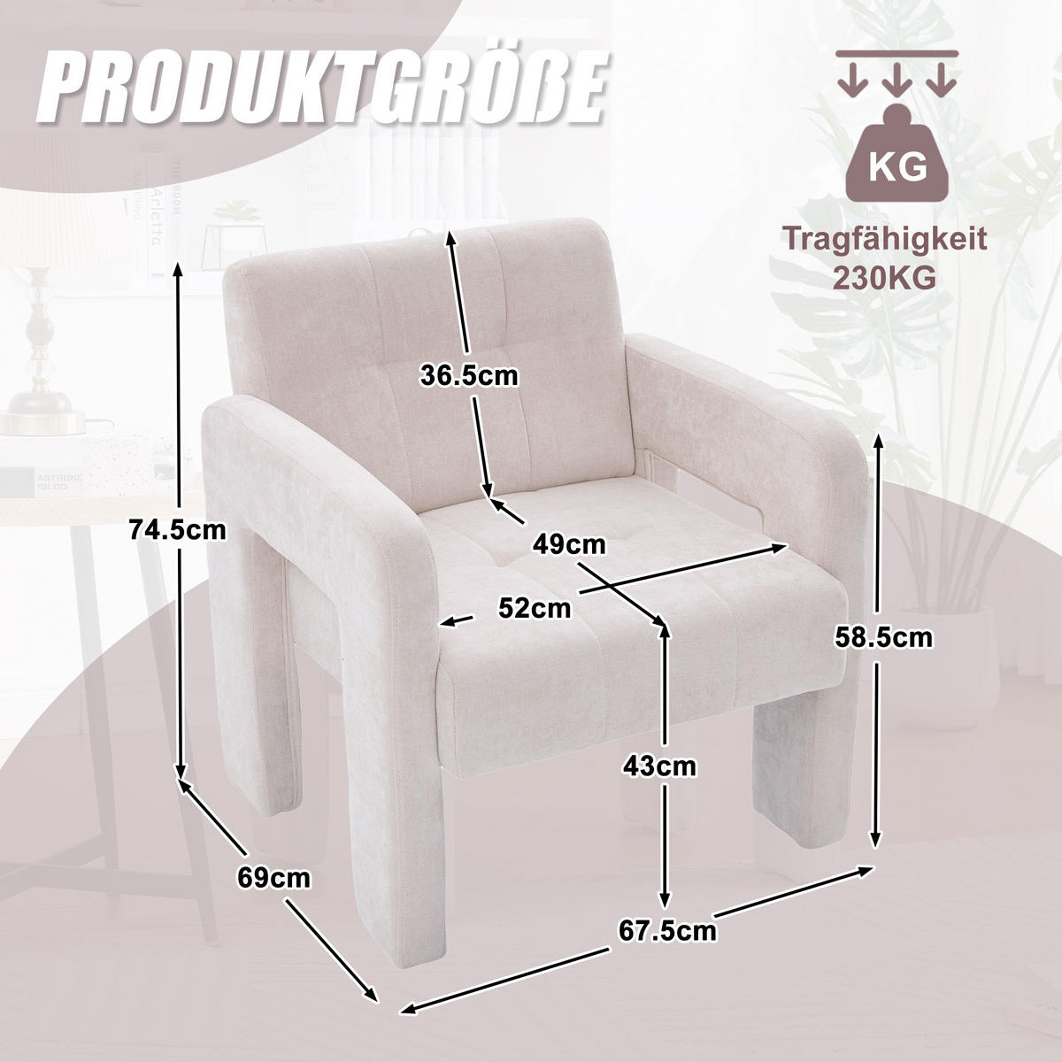 SESSEL Einzelner Sessel,dicke Polsterung,Chenille,Beige - Beige, Textil (67.5/74.5/69cm) - LVHOM