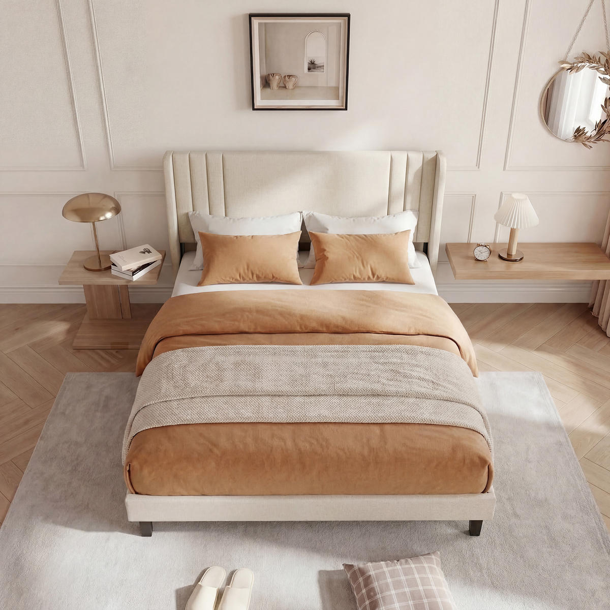 POLSTERBETT 160/200 cm Beige mit Flügelkopfteil und Stauraum - Beige, Holz (160/200cm) - SHOPENTRA