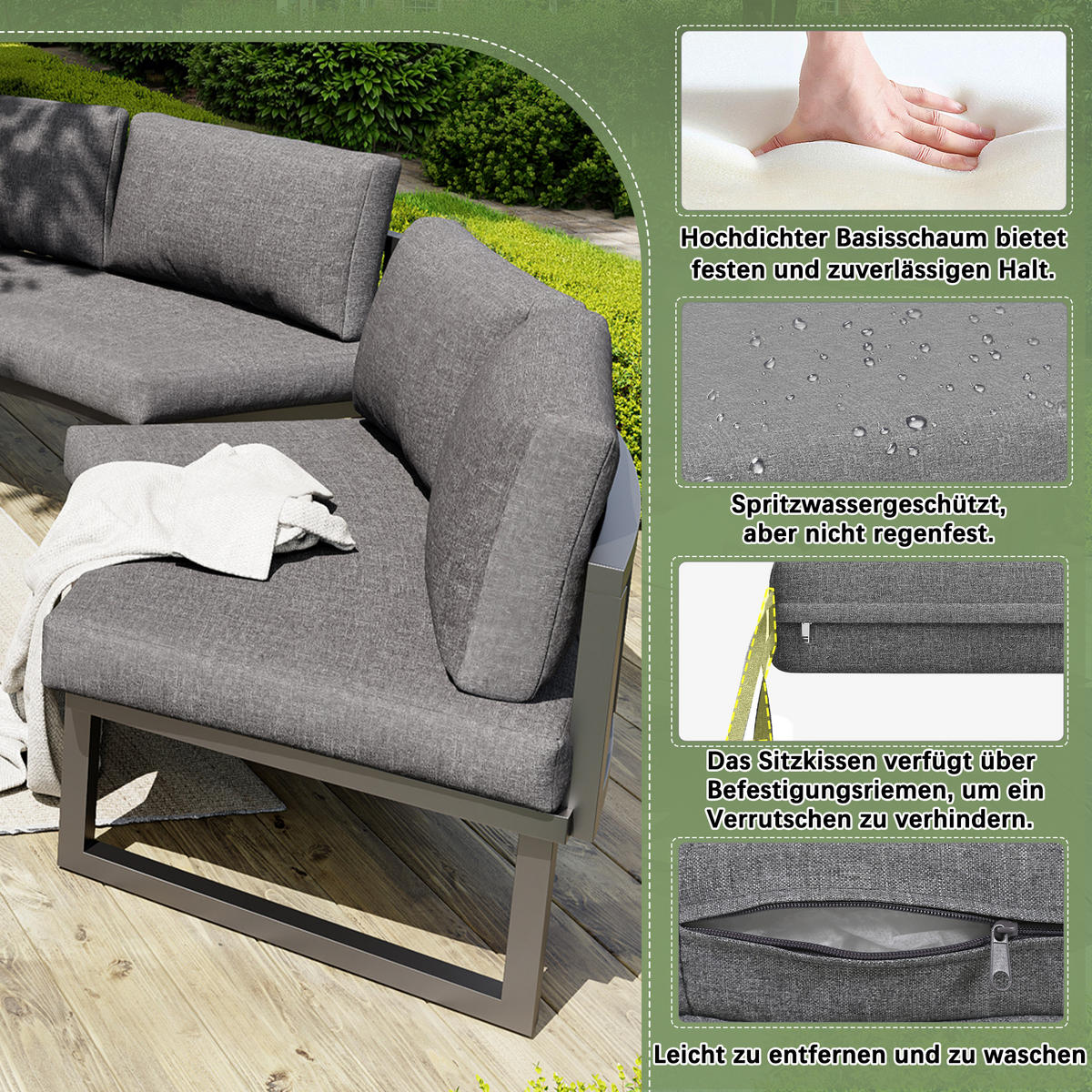 GARTENLOUNGE-SET Sitzgruppe für 4-6 Personen Gartensofa-Set mit Kissen verstellbar grau - Naturfarben/Grau, Holzwerkstoff/Textil - STILVORA