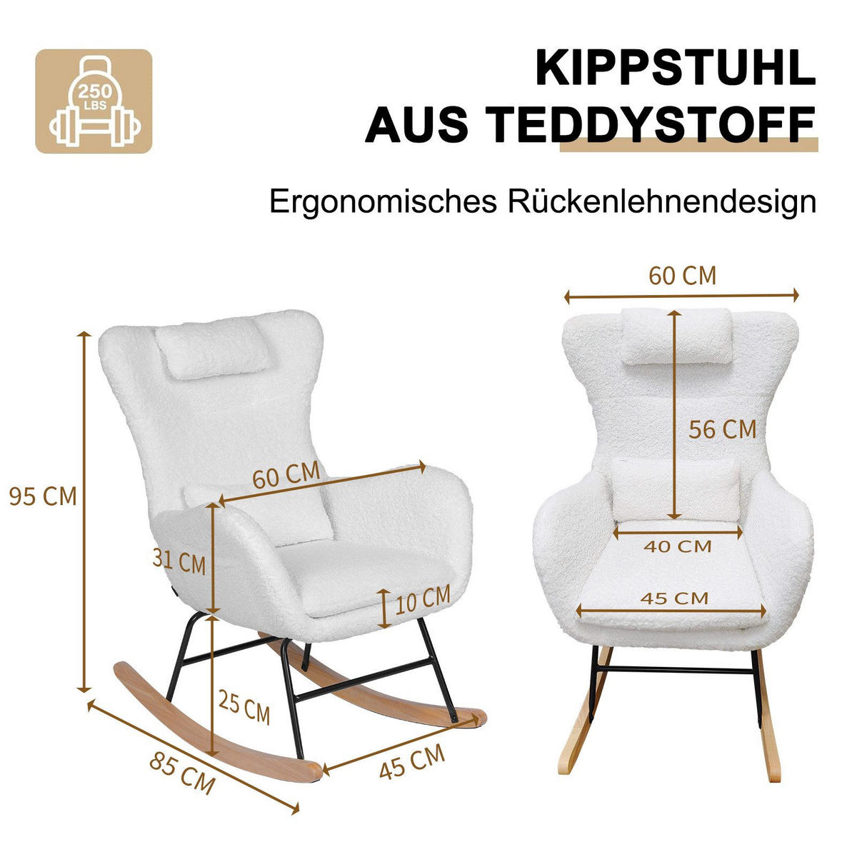 SCHAUKELSTUHL 60/85/95 cm Weiß mit Massivholzrahmen für Wohnzimmer Schlafzimmer Balkon - Weiß, Textil (85/95/60cm) - OKWISH
