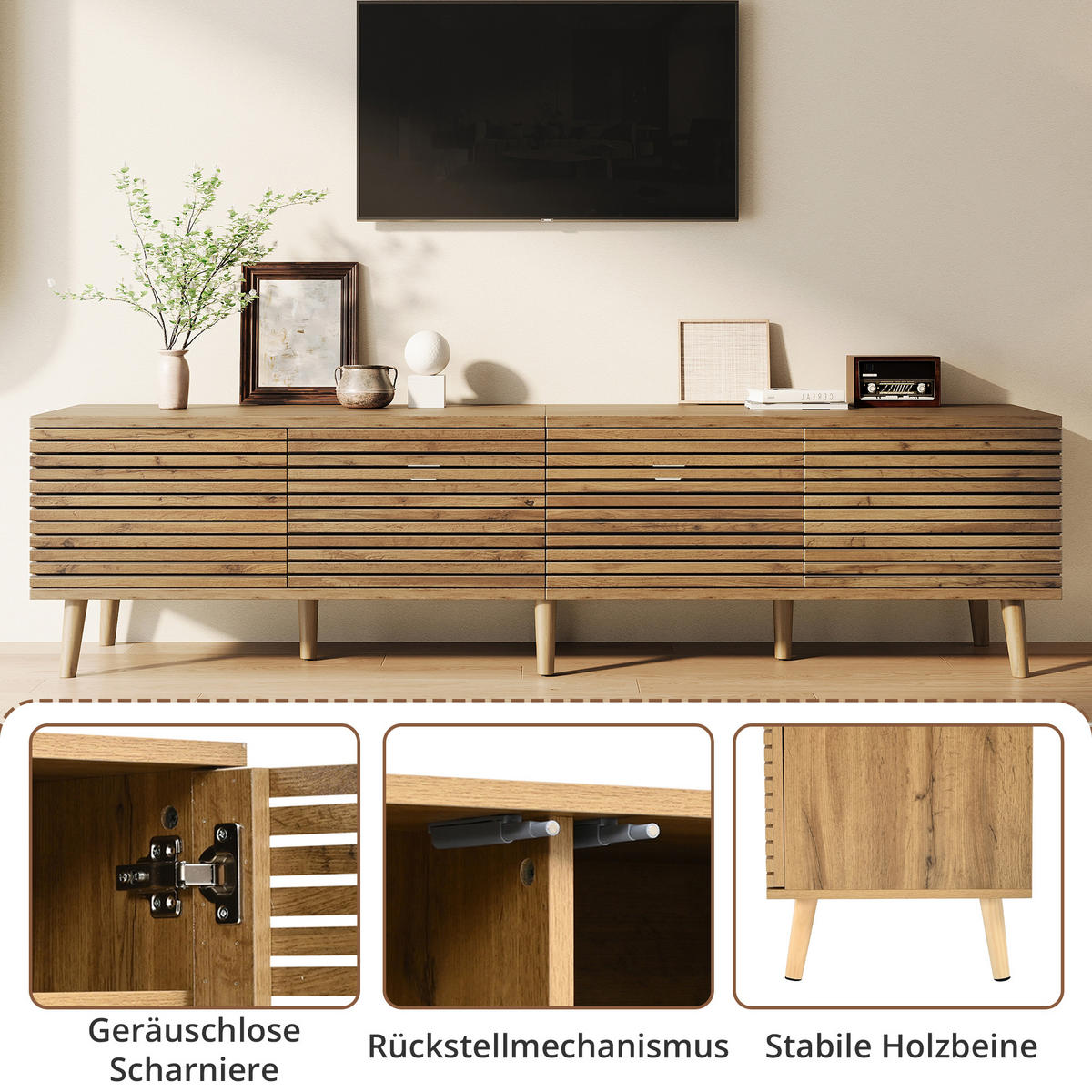 TV-SCHRANK 180/40/46 cm Natürlich mit 4 Türen und Kabeldurchführung - Naturfarben, Holzwerkstoff (180/46/40cm) - Oxeza