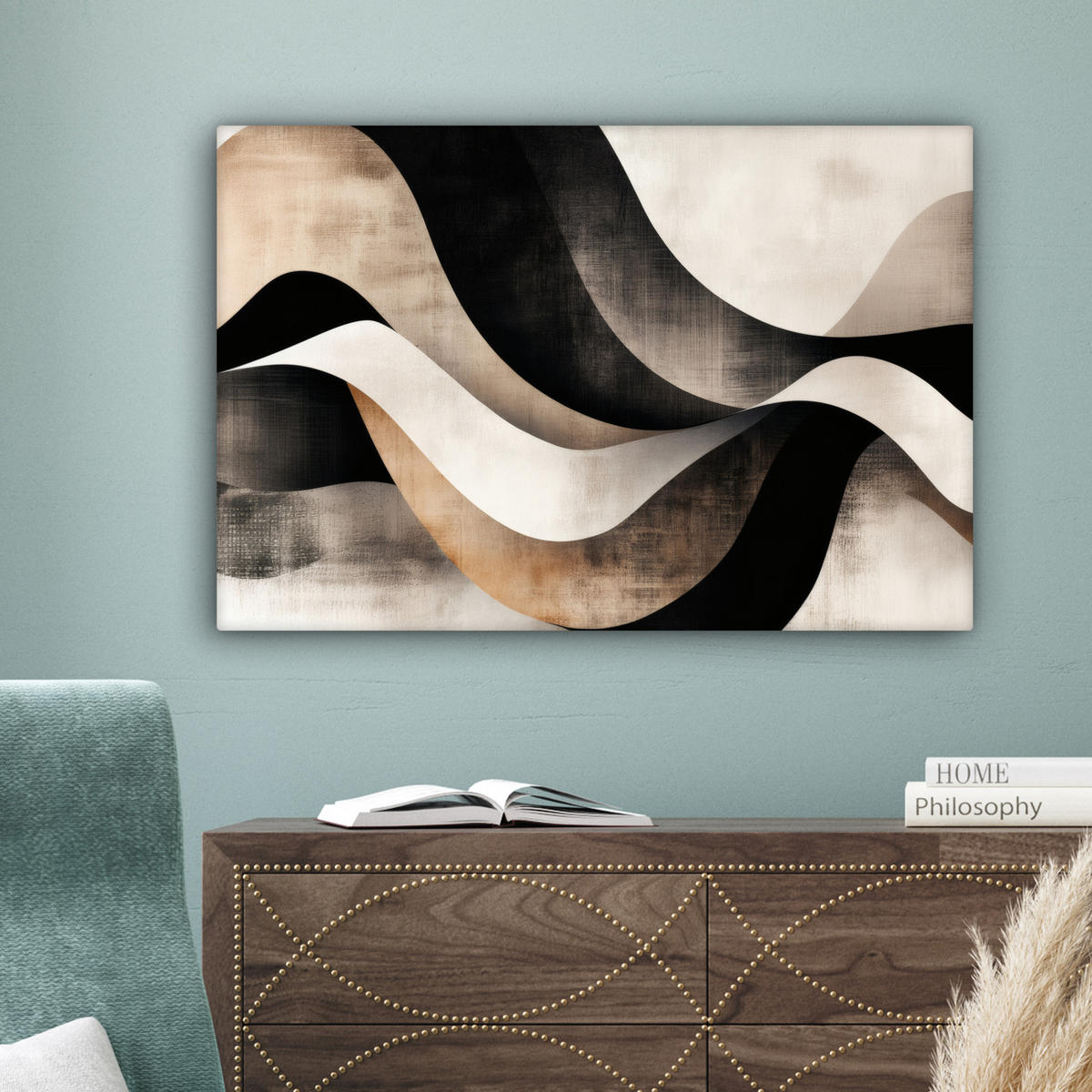 LEINWANDBILD Abstrakt - Wellen - Schwarz - Verwittert Wanddeko 90x60 cm - Trüffeleichefarben, Textil (90/60cm) - MuchoWow