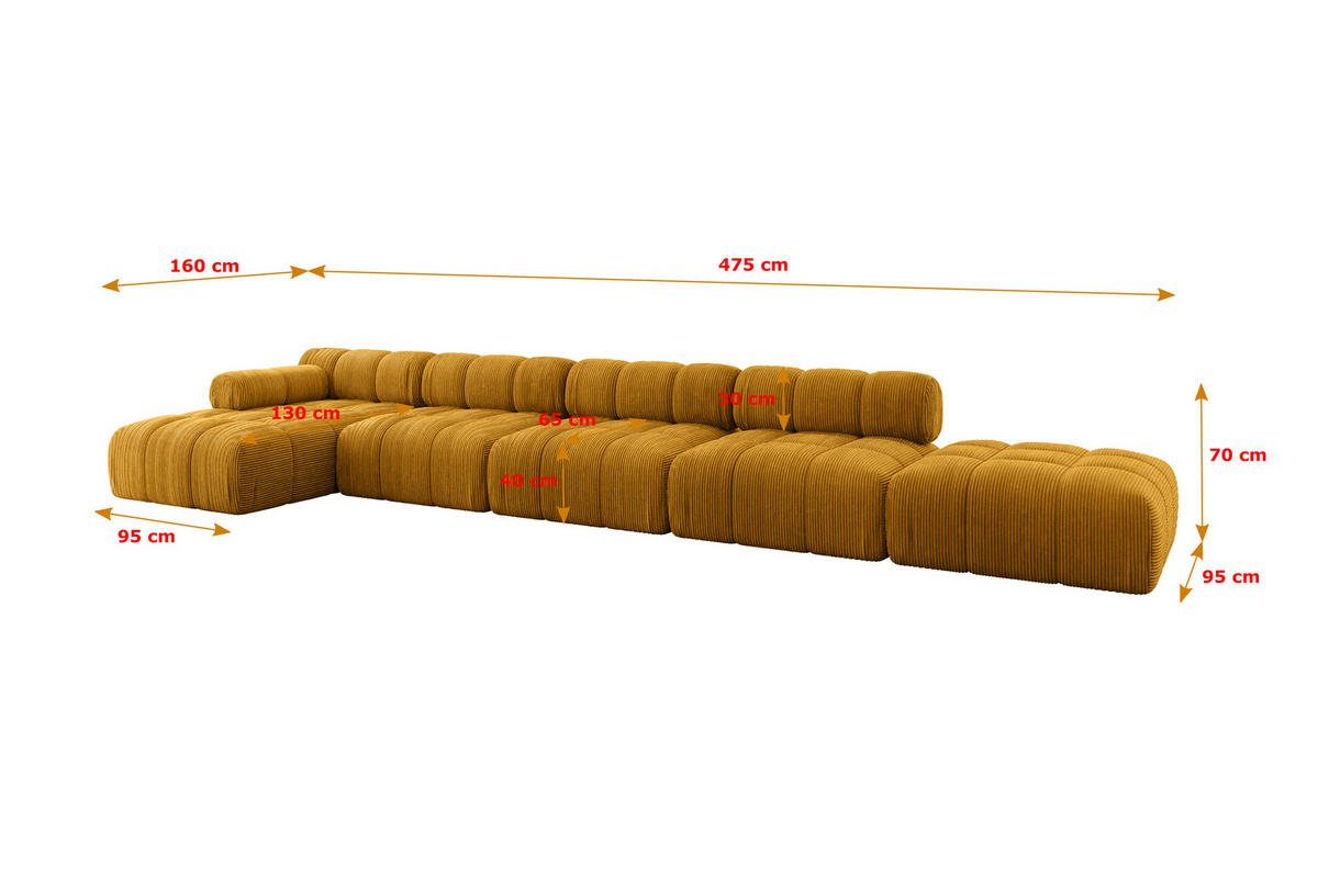 ECKSOFA modulares Sofa Lizur-L3 - 475x160x70 cm Senfgelb Cord - Currygelb, Holzwerkstoff/Textil (475/160cm) - ALTDECOR