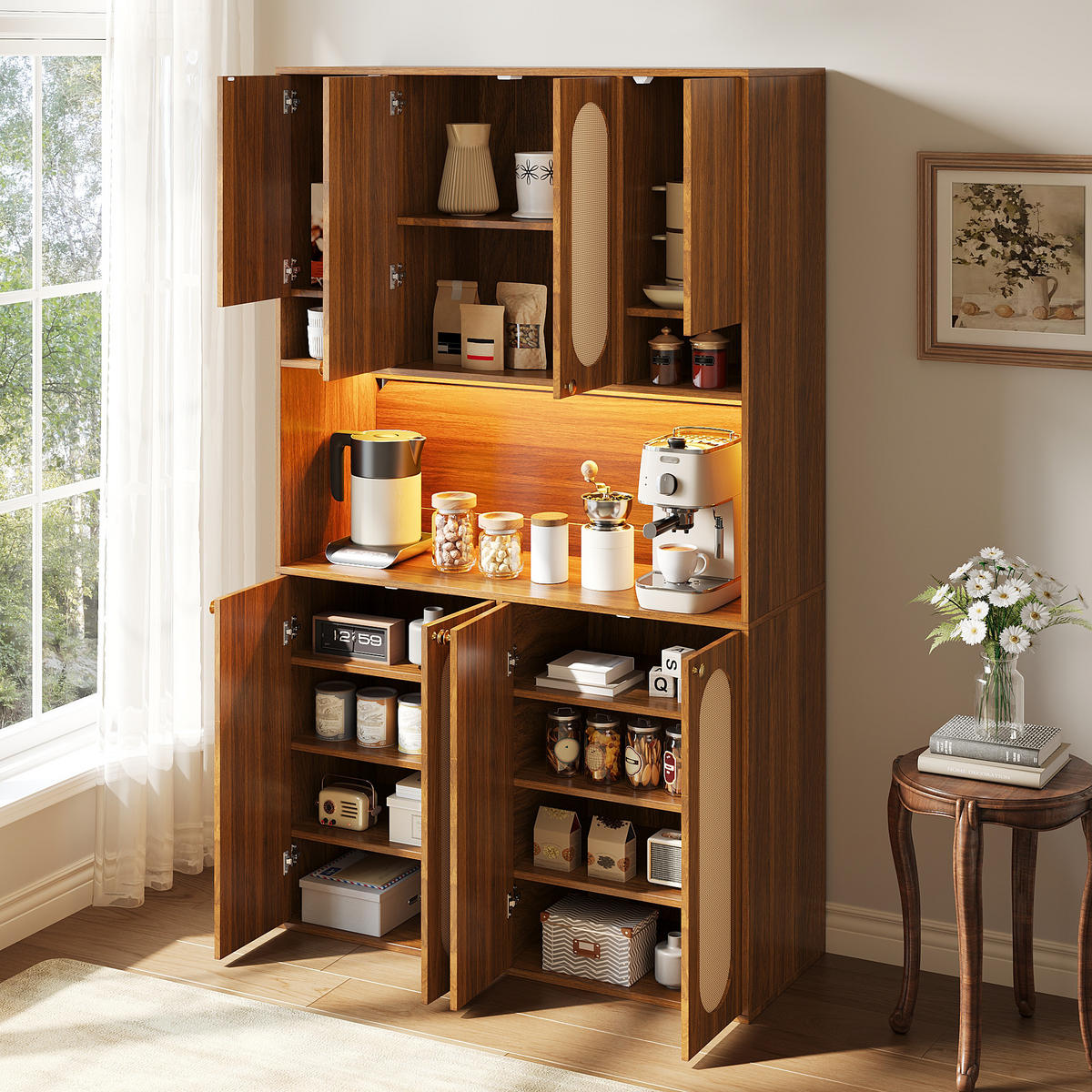 BUFFET Hoch mit PE-Rattan, LED-Beleuchtung und großem Stauraum - Nussbaumfarben, Holzwerkstoff (40/178/106cm) - Korfee
