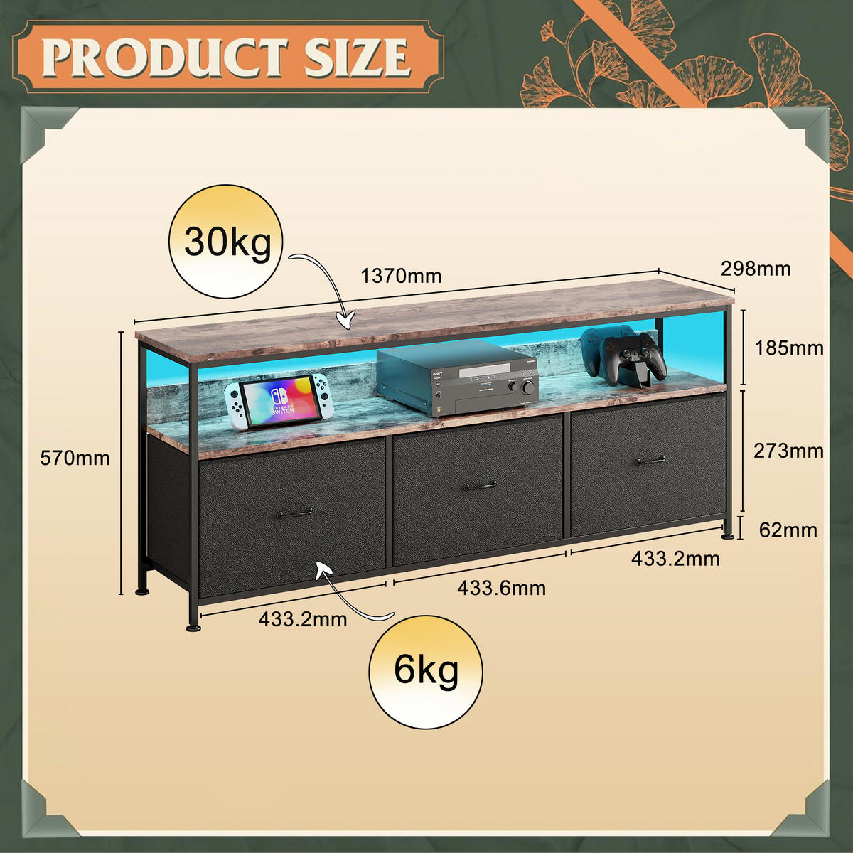 TV-SCHRANK 137 cm mit LED, 3 Stoffschubladen & Offene Fächer - Schwarz, Holz (30/57/137cm)