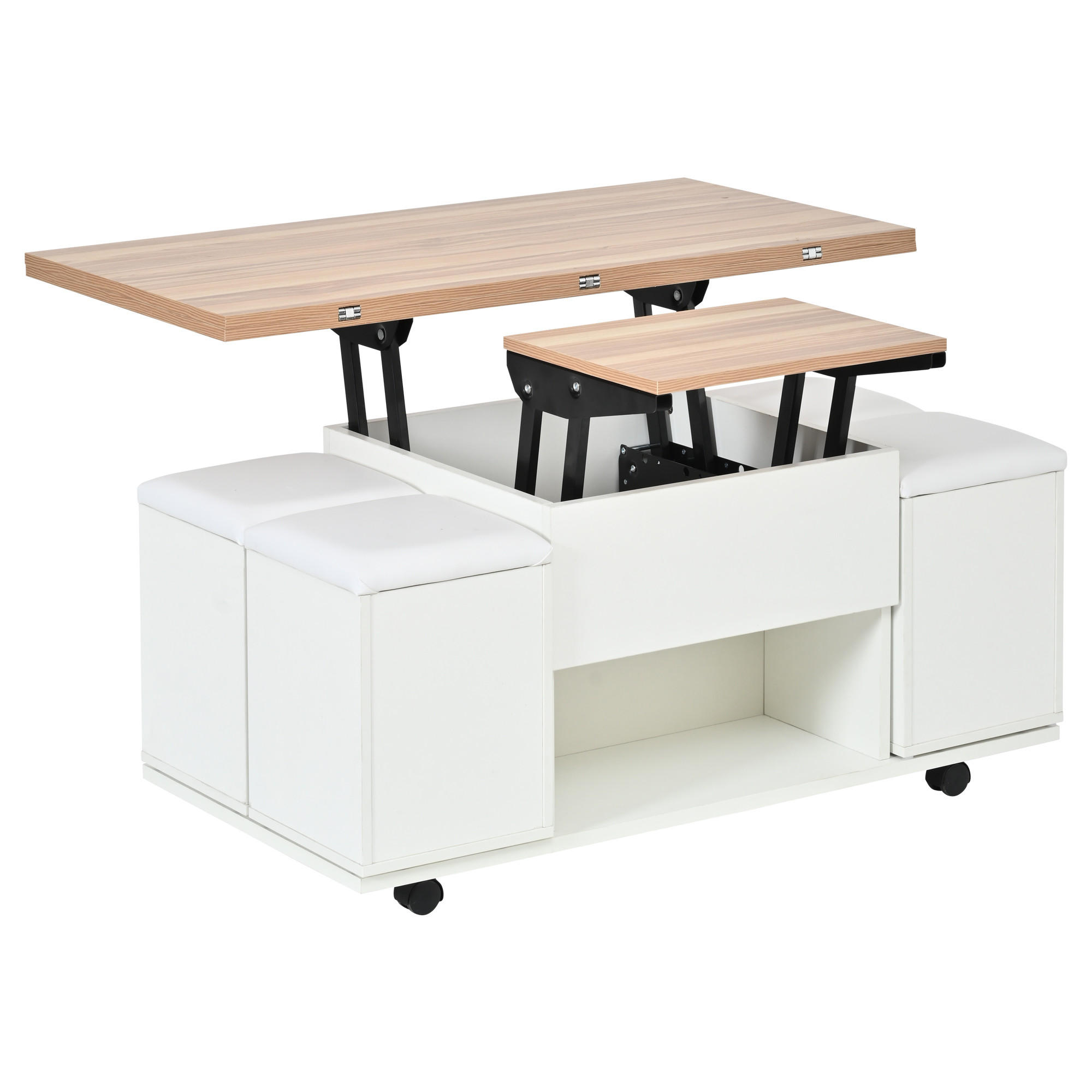 COUCHTISCH DE-37089 mit Lift-Top und 4 Hockern Weiß/Natur - Weiß, Holzwerkstoff (100/100/63.5cm) - ComfortXL