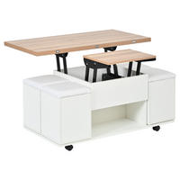 COUCHTISCH DE-37089 mit Lift-Top und 4 Hockern Weiß/Natur - Weiß, Holzwerkstoff (100/100/63.5cm) - ComfortXL