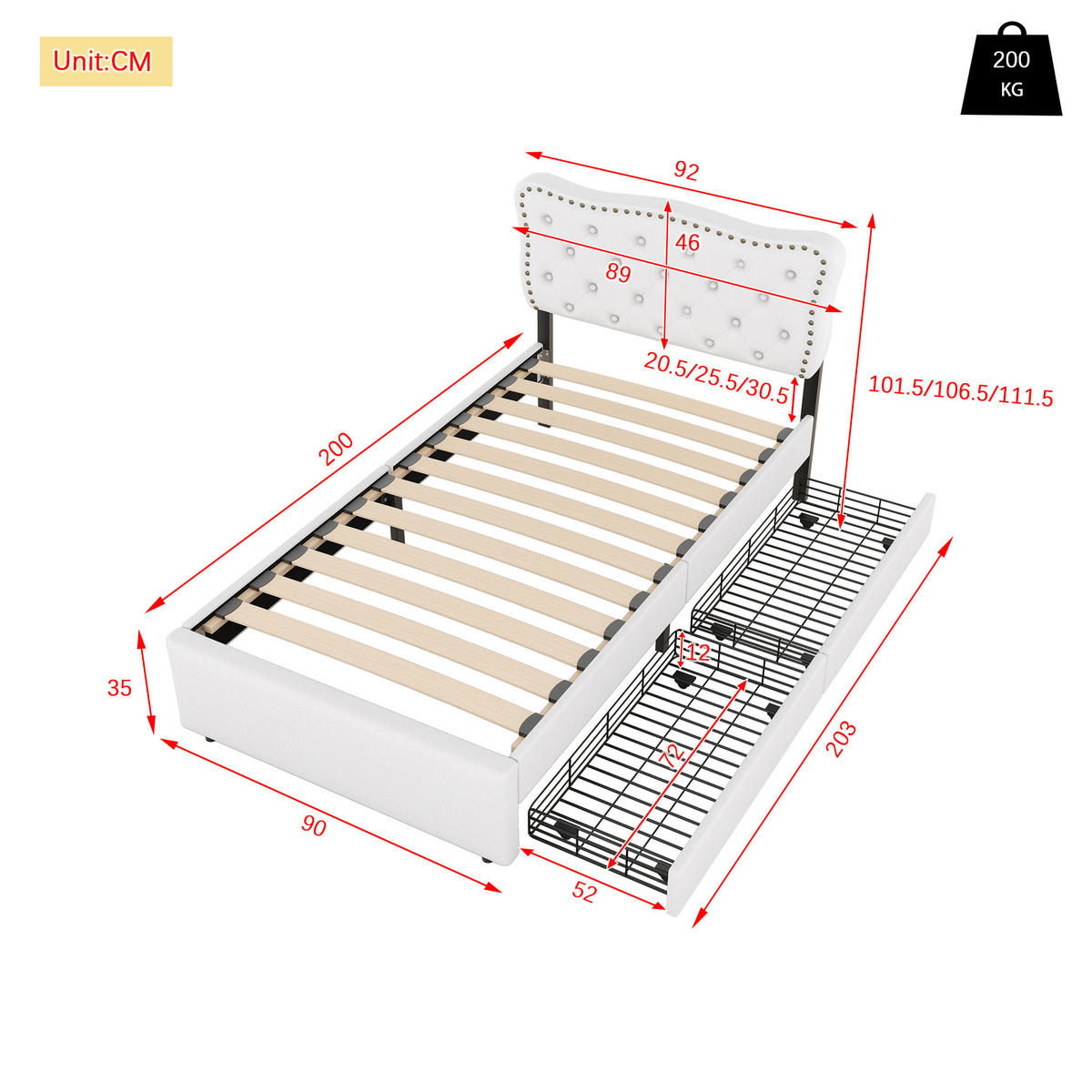 POLSTERBETT 90/200 cm hellbeige mit zwei Schubladen und verstellbarem Nachttisch - Beige, Textil (90/200cm) - OKWISH