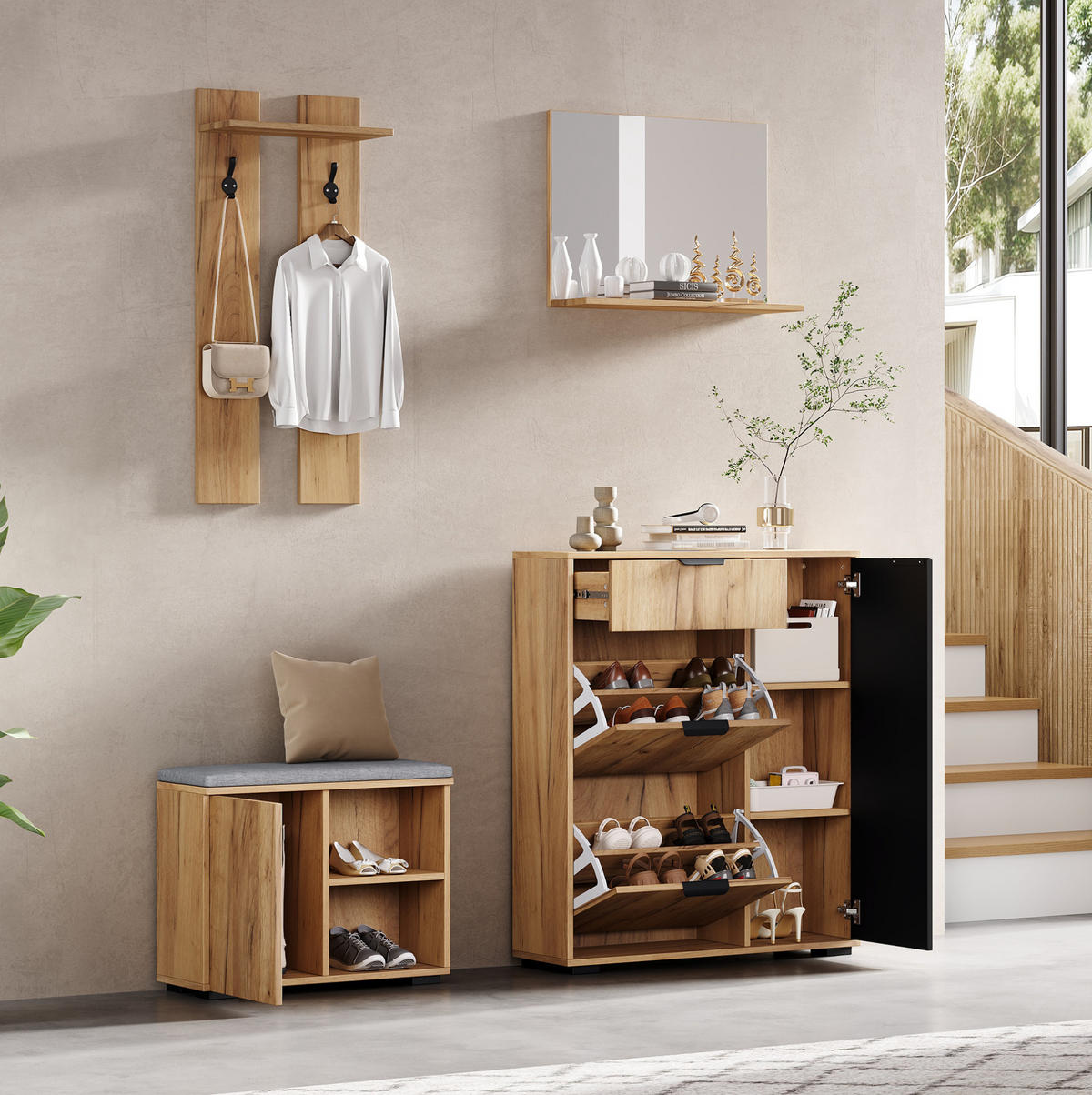 SCHUHSCHRANK aus Spanplatte 140x35x139cm in Natur mit Sitzbank & Spiegel - Naturfarben, Holzwerkstoff (140/139/35cm) - Modfu