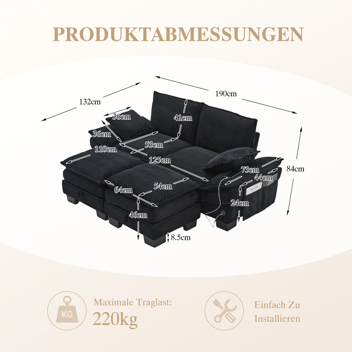 2-SITZER SOFA Cord Schwarz mit USB-C und Hocker - Schwarz, Holzwerkstoff/Kunststoff (190/84/132cm) - WISHDOR