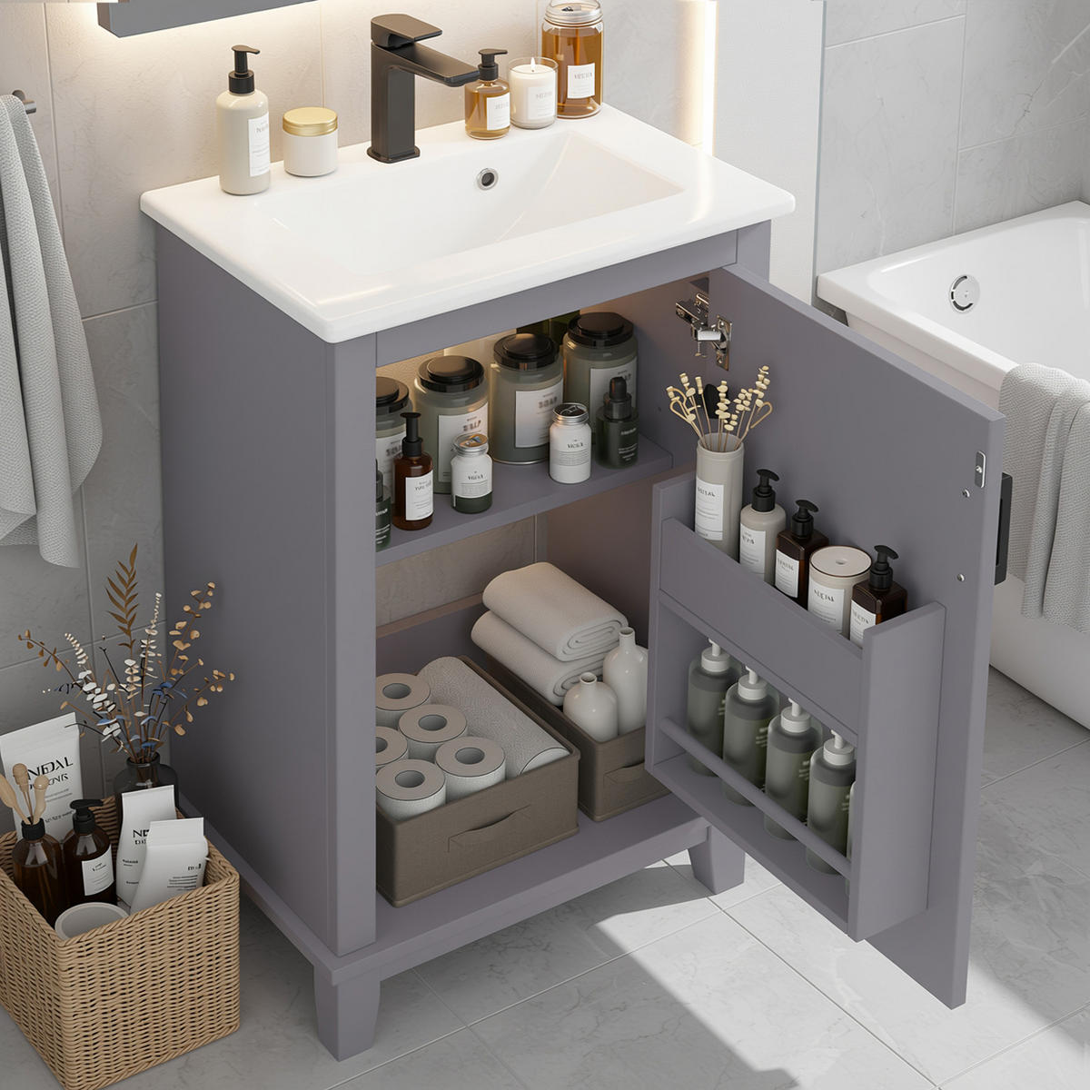 WASCHTISCHKOMBI Grau kompakt mit Keramikbecken - Grau, Keramik/Holzwerkstoff (51/83/34cm) - Urban Meuble