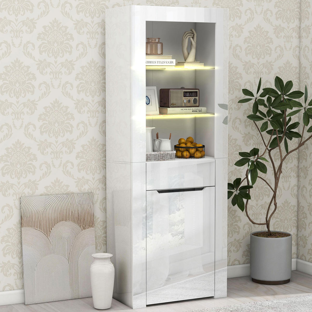 VITRINENSCHRANK aus Spanplatte 60x35,5x165 cm Weiß mit LED-Beleuchtung, App-Steuerung und Stauraum - Weiß, Holzwerkstoff (60/165/35.5cm) - Modfu