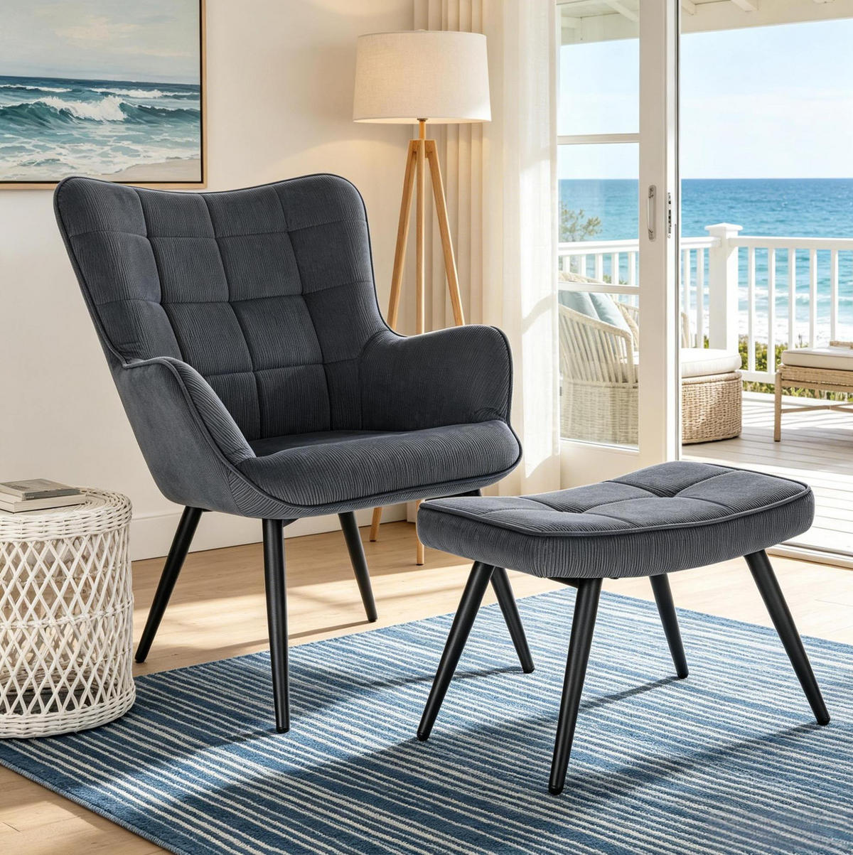 SESSEL mit Hocker 50/49/97 cm in Dunkelgrau aus Cord mit Metallgestell - Dunkelgrau, Textil (68/97/49cm) - BEAOK