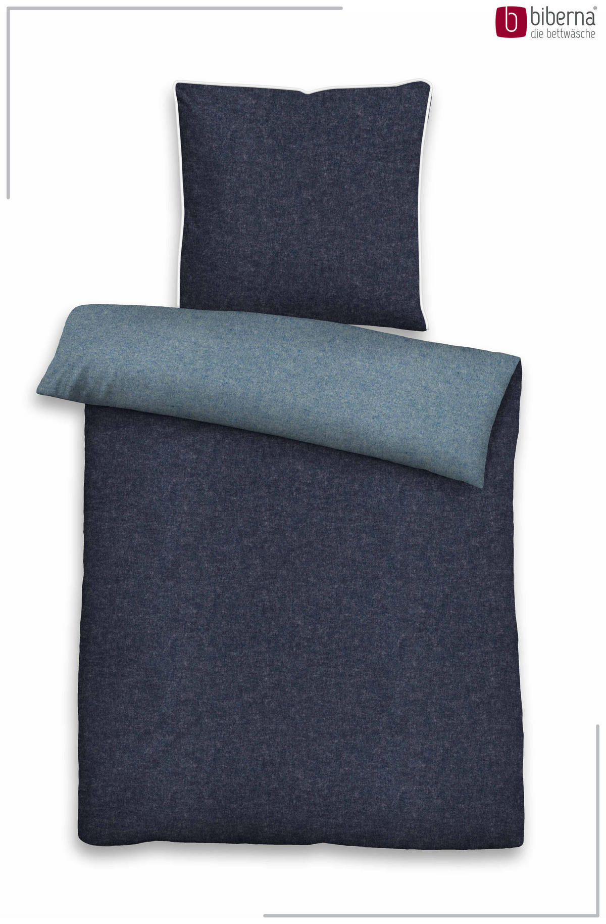 BETTWÄSCHE-GARNITUR Biber Melange UNI blau, 155x200 cm + 80x80 cm - Blau, Textil (155/200cm) - biberna