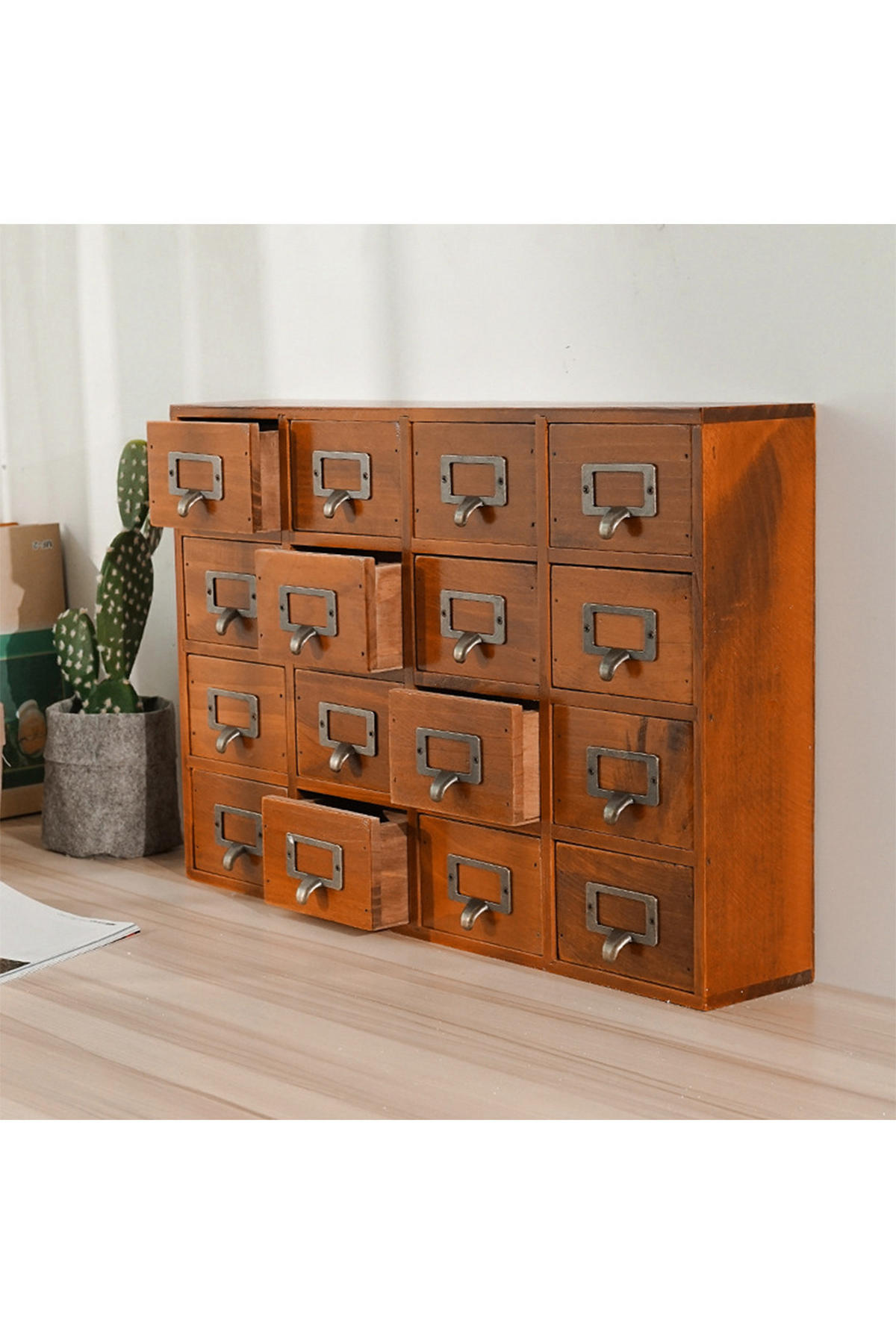 VINTAGE-APOTHEKERSCHRANK Aufbewahrungsbox aus Kiefernholz mit 16 Schubladen und Etikettenhaltern 50 x 10 x 35 cm - Naturfarben, Holz (10/50/35cm) - Livingandhome