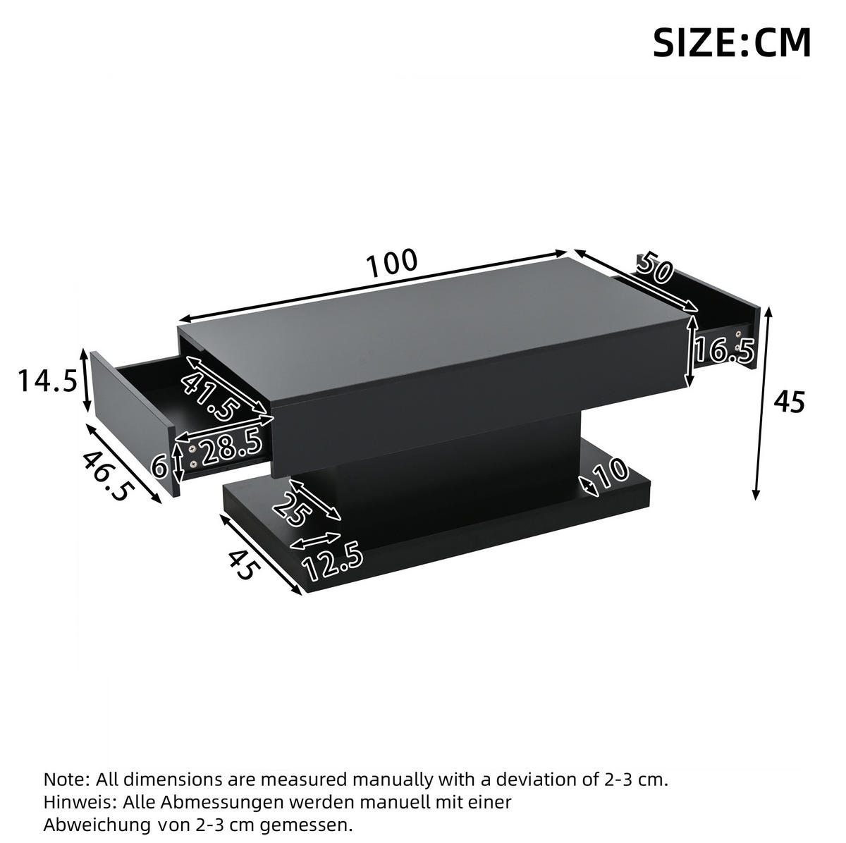 HOCHGLANZ-COUCHTISCH, 2 Schubladen, I‑Form mit LED-App‑Steuerung, 100/50/45 cm, schwarz - Schwarz, Holzwerkstoff (100/50/45cm) - Redom