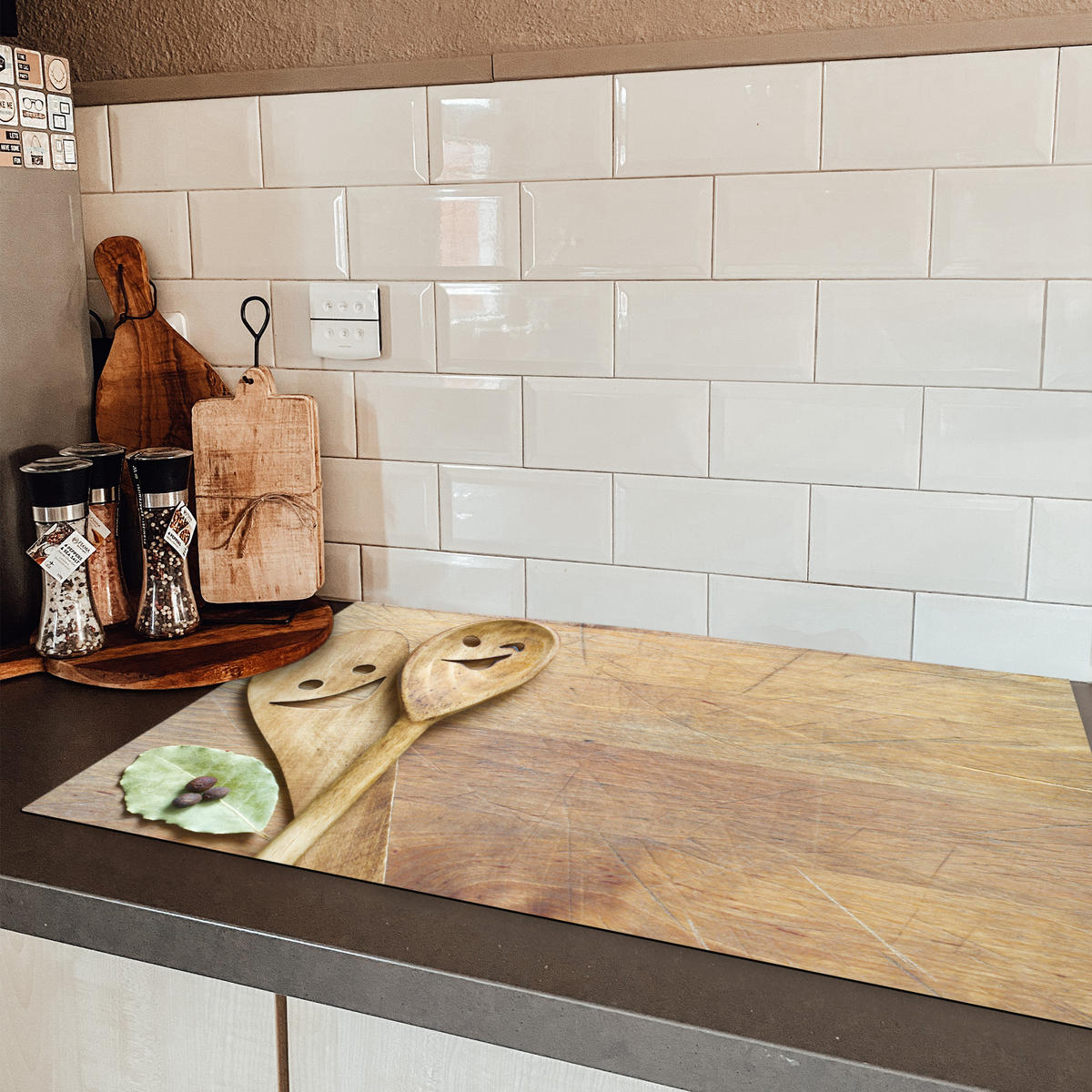 HERDABDECKPLATTE Holz - Löffel - Braun - Smiley 83x51 cm - Hellbraun, Kunststoff (83/51.5/0.2cm) - MuchoWow