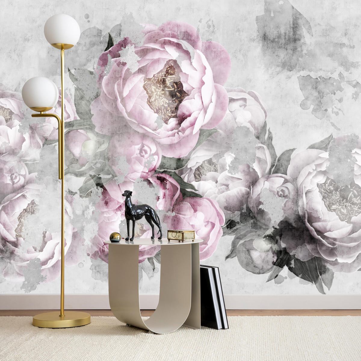 FOTOTAPETE für Küche Abstrakte Pink Pfingstrosen Beton Vintage 200x140 - Rosa/Grau, Papier (200/140cm) - Muralo