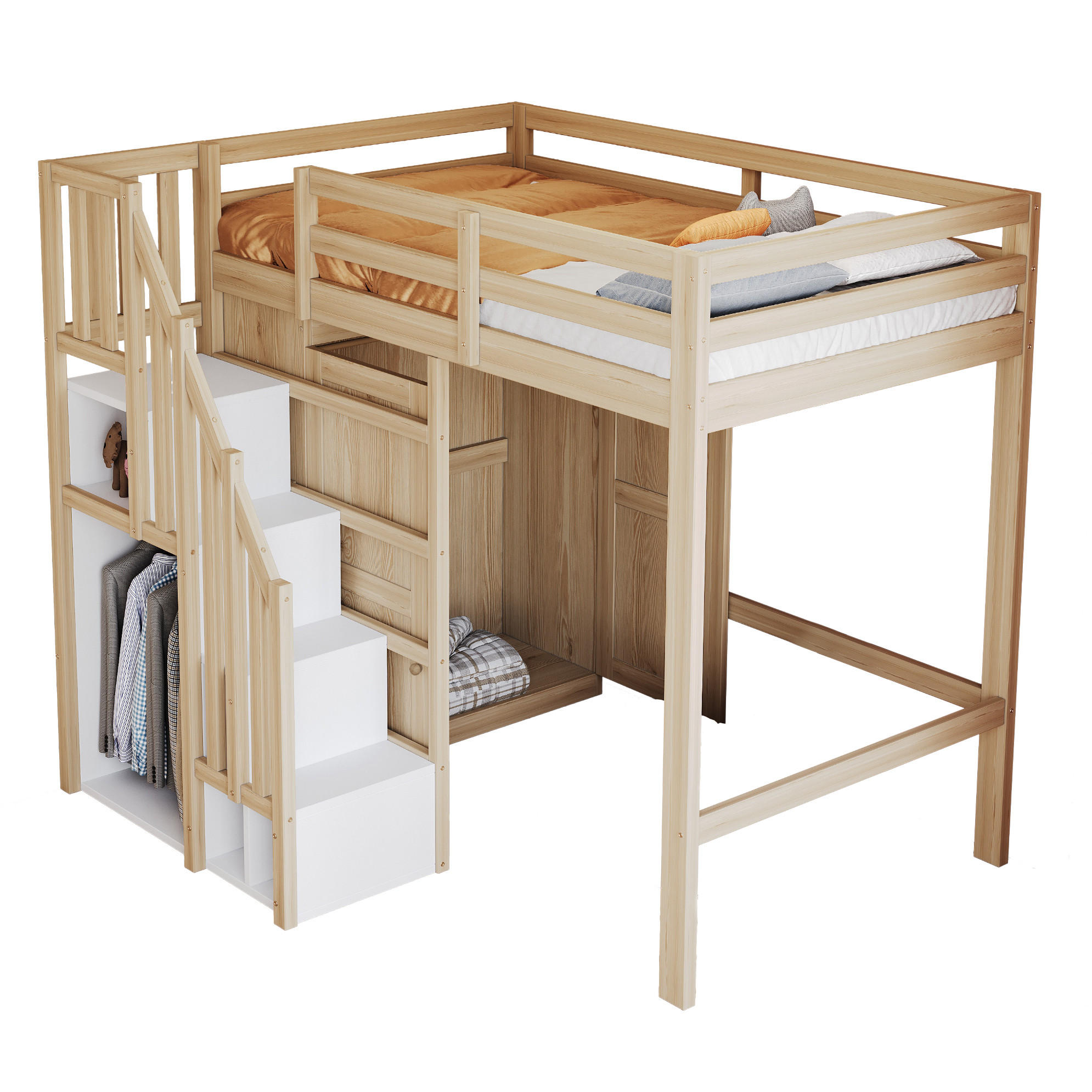 HOCHBETT 90/200 cm aus Holz mit Kleiderschrank und Stauraumtreppe Natur - Naturfarben, Holzwerkstoff (90/200cm) - Modenvie