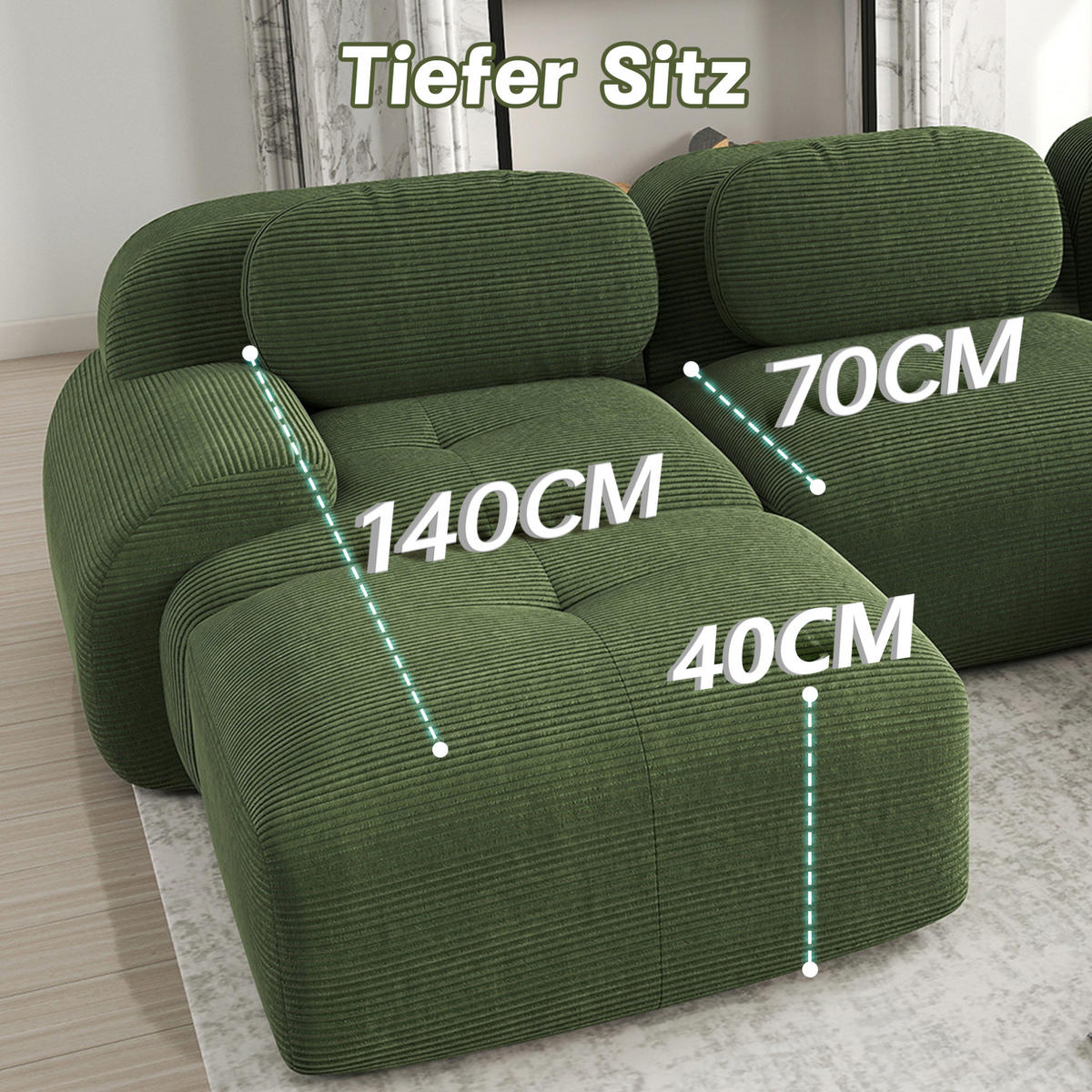 ECKSOFA modular rahmenlos mit 32D-Hochdichteschaum, rutschfester Unterseite und Cordbezug, Grün - Grün, Textil (388/178cm) - Redom
