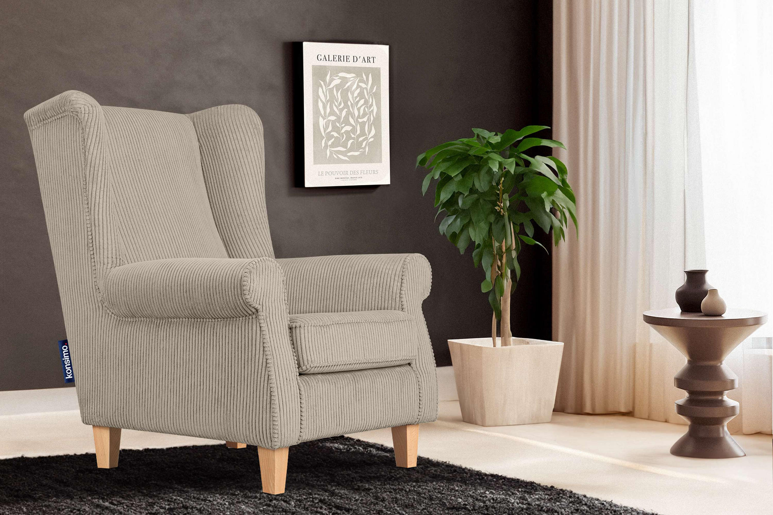 OHRENSESSEL MILES Kord-Bezug Petfriendly, hellbeige - Beige/Creme, Holzwerkstoff/Buchenholz (82/105/97cm) - KONSIMO®