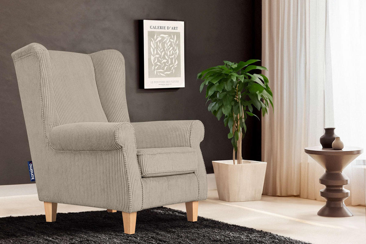 OHRENSESSEL MILES Kord-Bezug Petfriendly, hellbeige - Beige/Creme, Holzwerkstoff/Buchenholz (82/105/97cm) - KONSIMO®