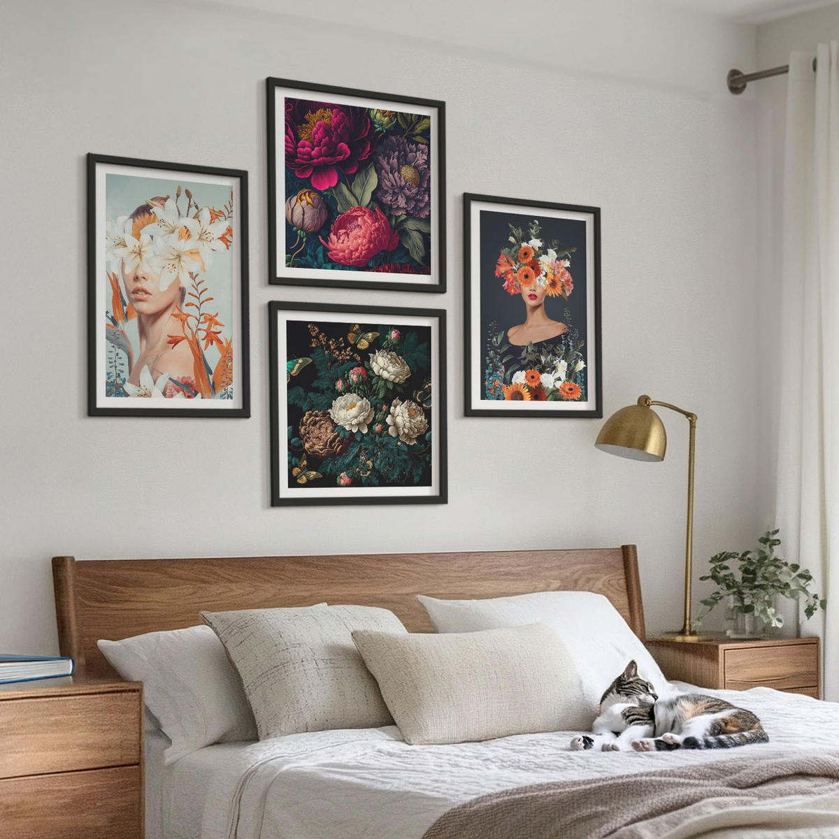 WANDBILDER 4er-Set - 50x50 cm & 40x60 cm Schwarzer Rahmen - Blumenporträts, Sträuße, Blätter - Schwarz, Kunststoff (50/50cm) - ArtPrintCave