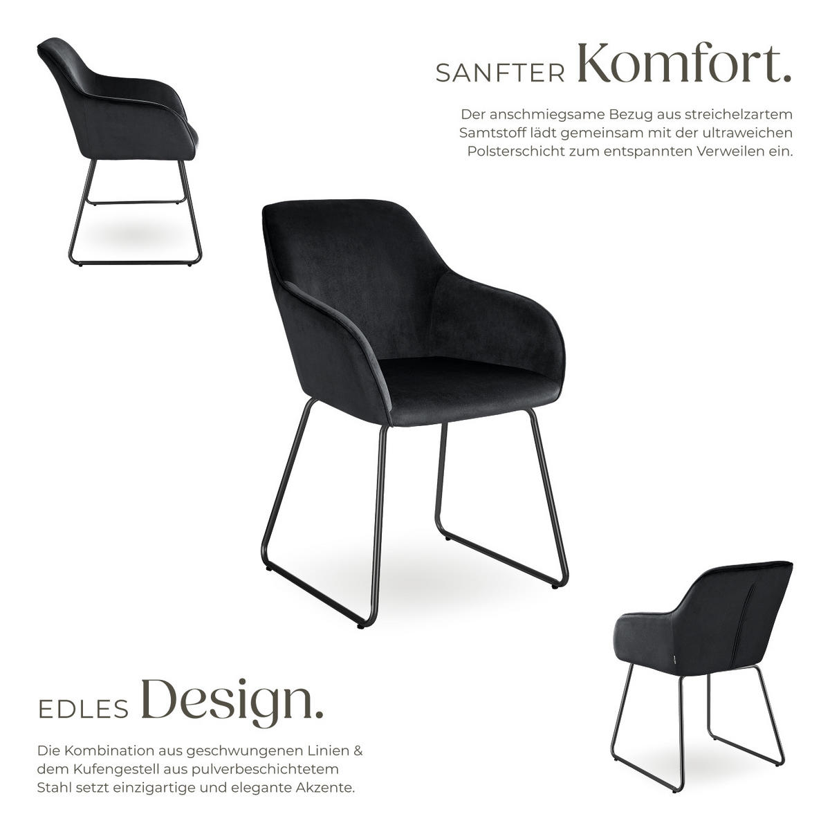 ESSZIMMERSTUHL Jeane,57 x 61 x 85,5 cm, Belastbarkeit 120 kg,Samtoptik schwarz/schwarz - Schwarz/Samtahornfarben, Kunststoff (57/85.5/61cm) - tectake