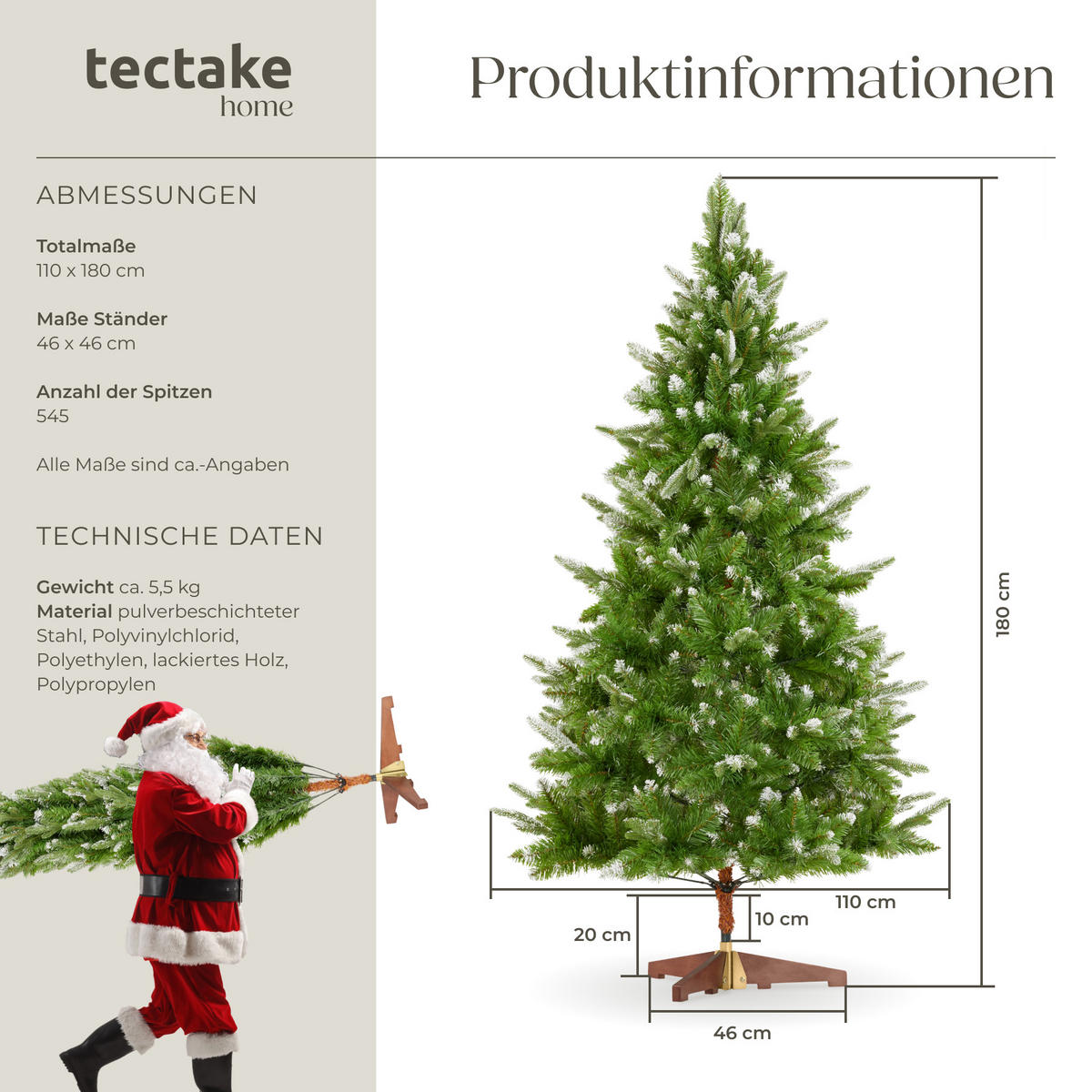 WEIHNACHTSBAUM Blitzen ,klappbarer Baumständer aus Holz, 110 x 180 cm,grün - Grün, Kunststoff (180cm) - tectake