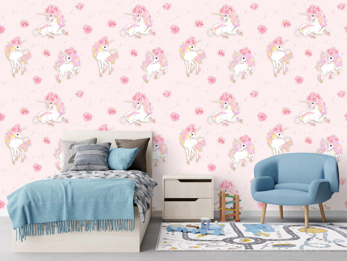 VLIESTAPETE Einhörner und Pfingstrosen – Rosa, Weiß – 50x1000 cm - Rosa/Weiß, Papier (50/1000cm) - Muralo