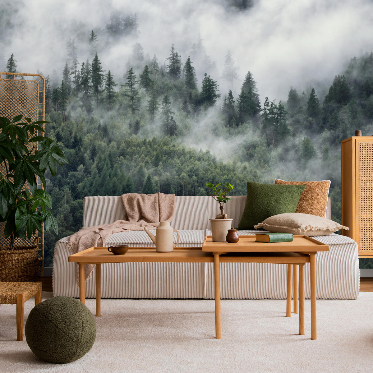 FOTOTAPETE für Schlafzimmer Morgennebel Nadelwald Bäume 500x350 - Weiß/Grau, Papier (500/350cm) - Muralo